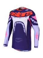 Alpinestars Supertech Dyna, camisola de motocross roxa e rosa fluo com malha elástica ventilada e ajuste atlético.