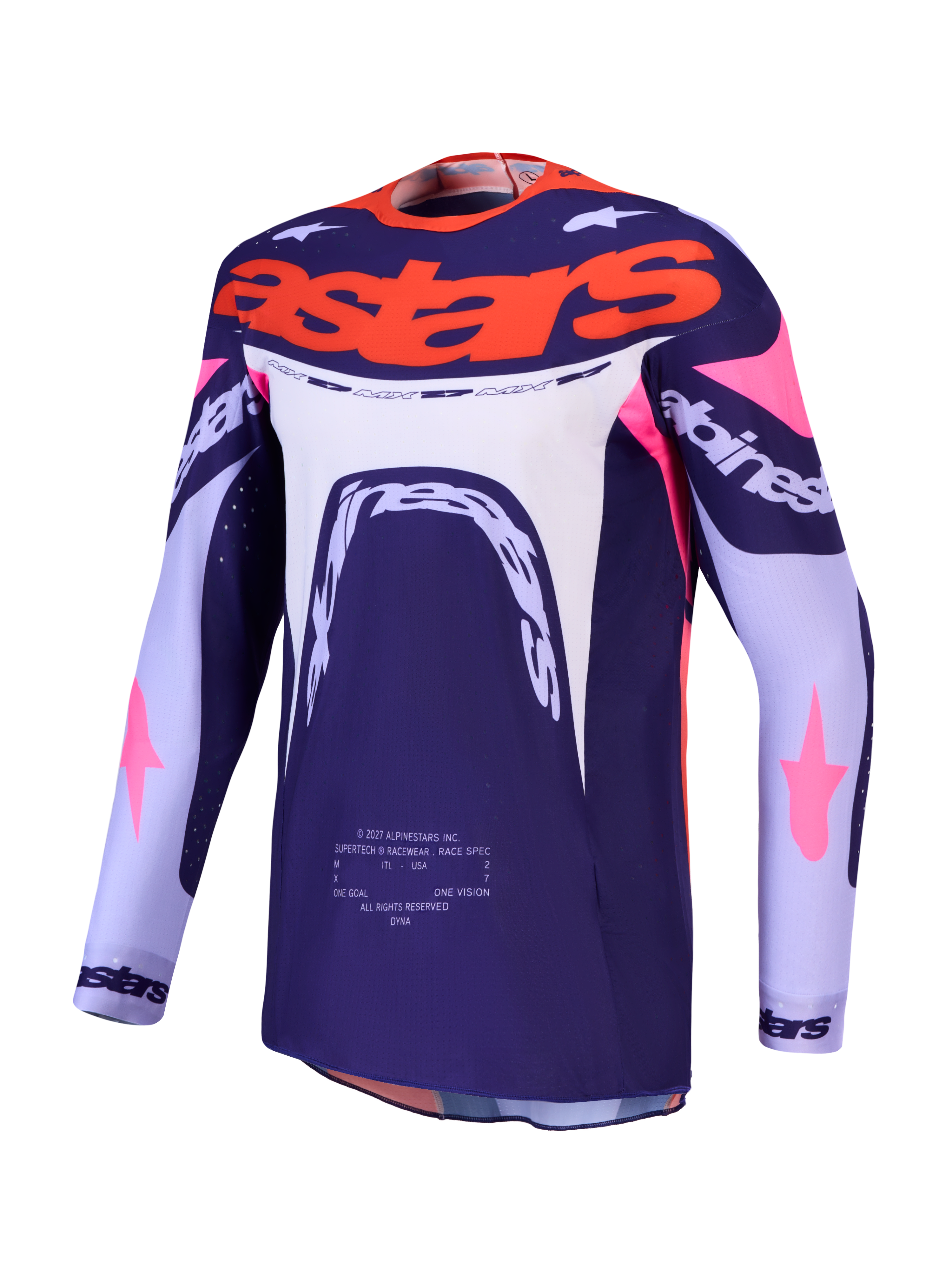 Alpinestars Supertech Dyna, camisola de motocross roxa e rosa fluo com malha elástica ventilada e ajuste atlético.