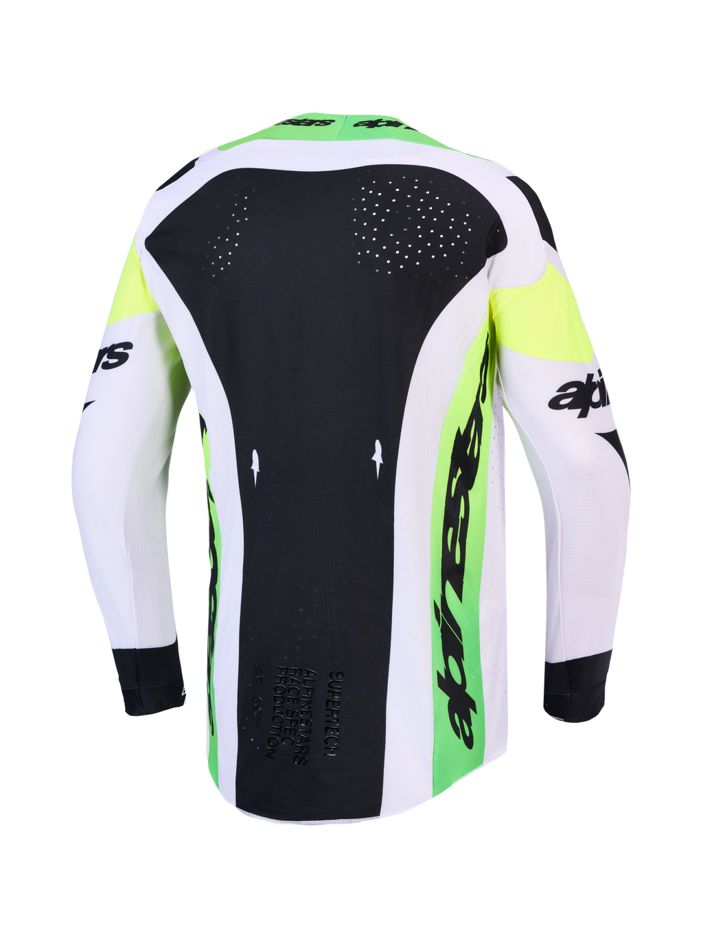 Alpinestars 2027 Supertech Dyna AND Gear Set, camisola de motocross verde e preta com ventilação a laser nas costas.