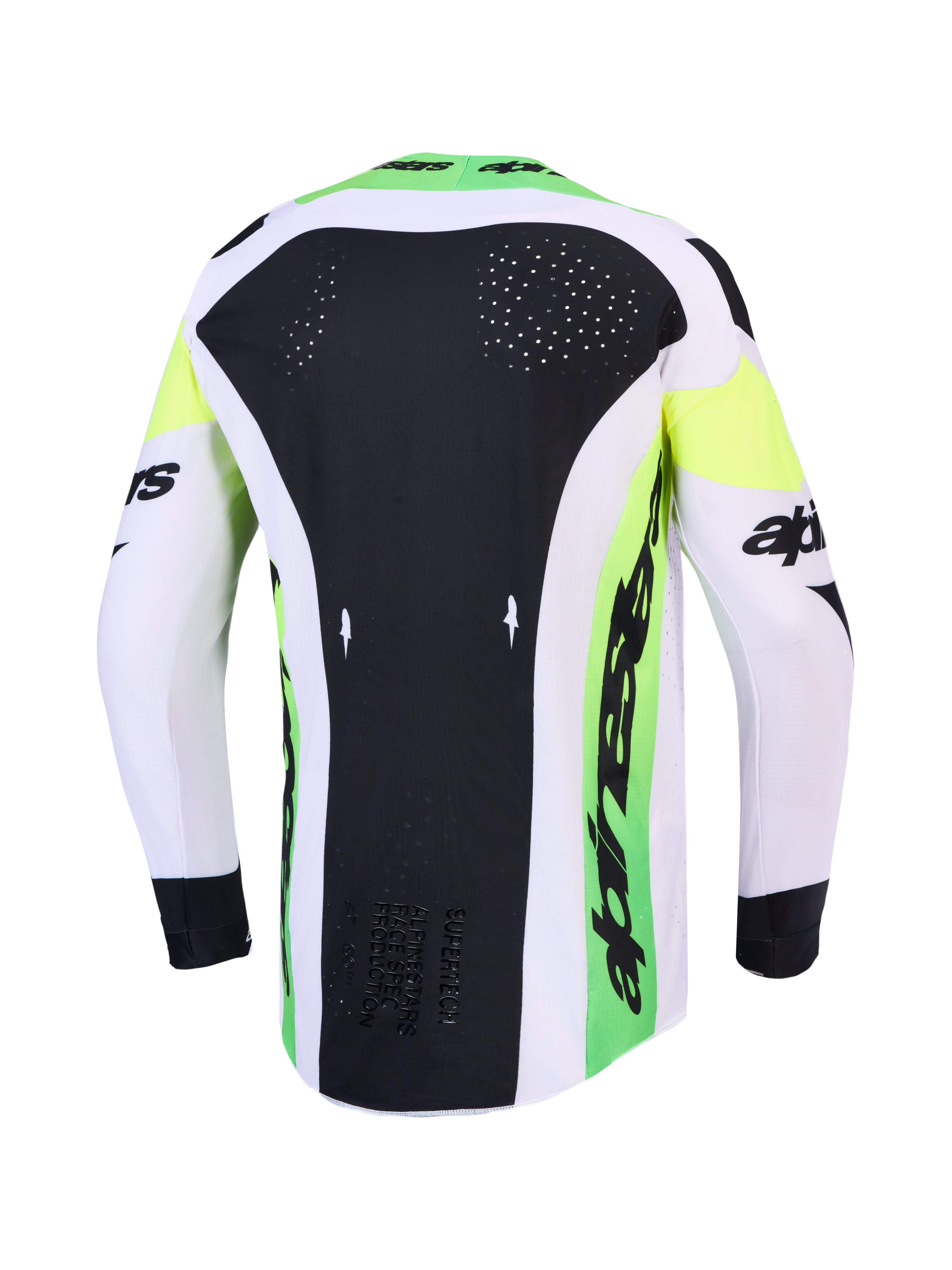 Alpinestars 2027 Supertech Dyna AND Gear Set, camisola de motocross verde e preta com ventilação a laser nas costas.