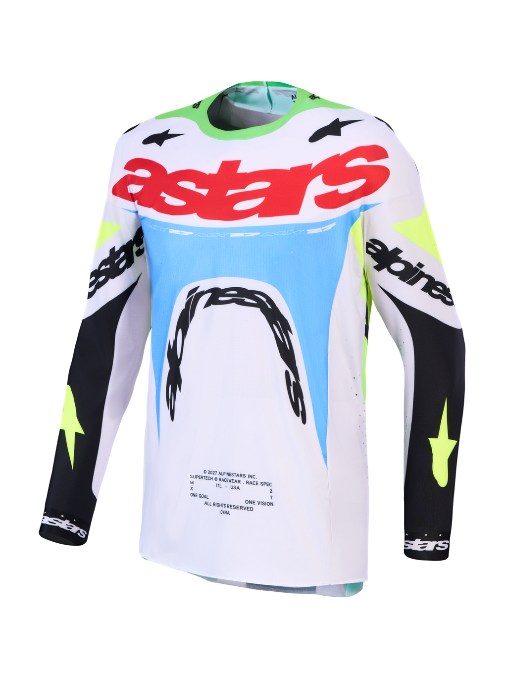 Alpinestars Supertech Dyna 2027, camisola de motocross para homem, branca e verde fluo, ajuste atlético em malha elástica.