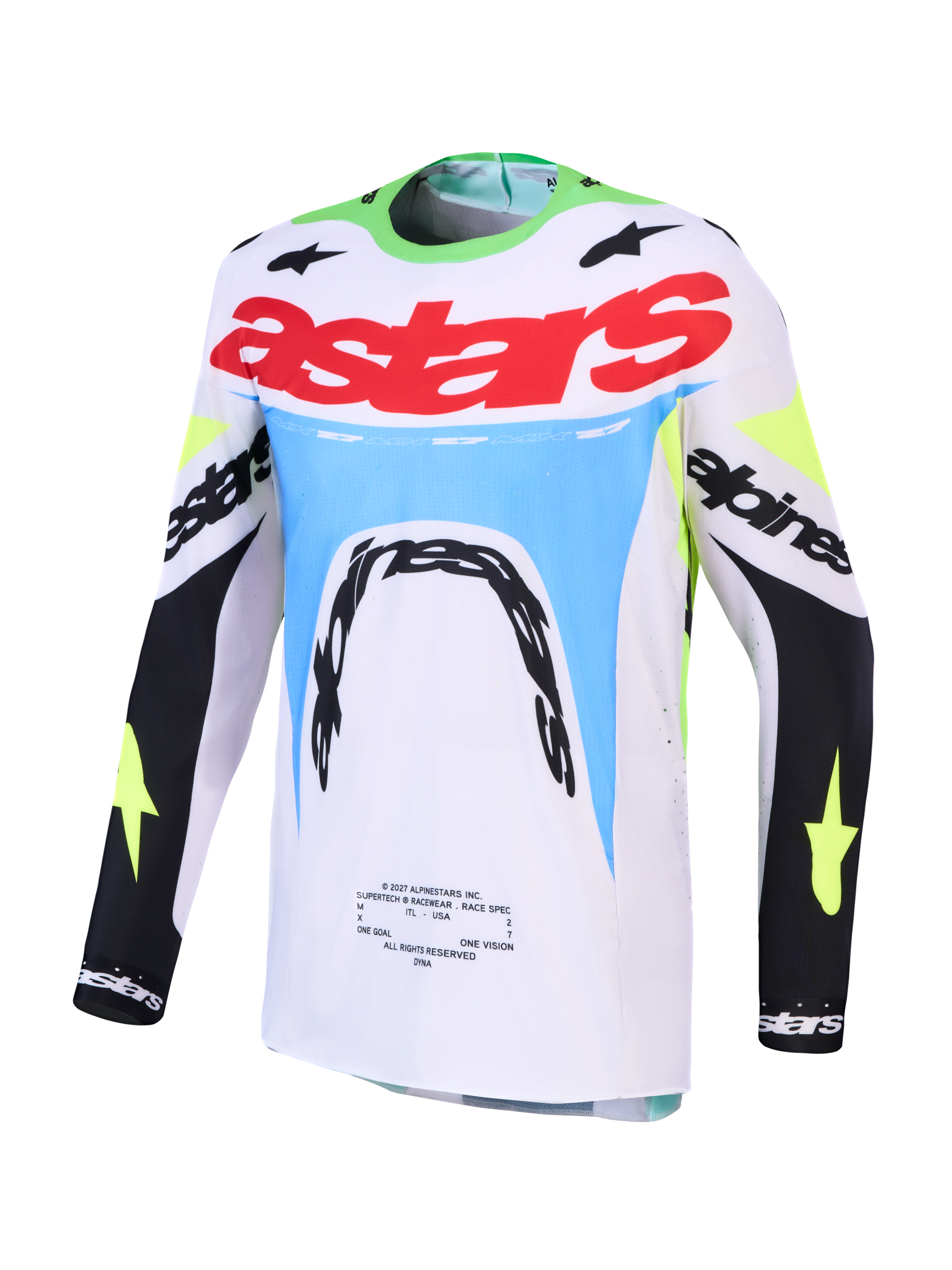 Alpinestars Supertech Dyna 2027, camisola de motocross para homem, branca e verde fluo, ajuste atlético em malha elástica.