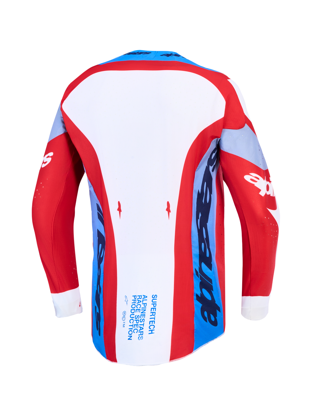 Alpinestars Supertech Dyna, camisola de motocross, vermelha, branca e azul-marinho, vista traseira com bainha prolongada.