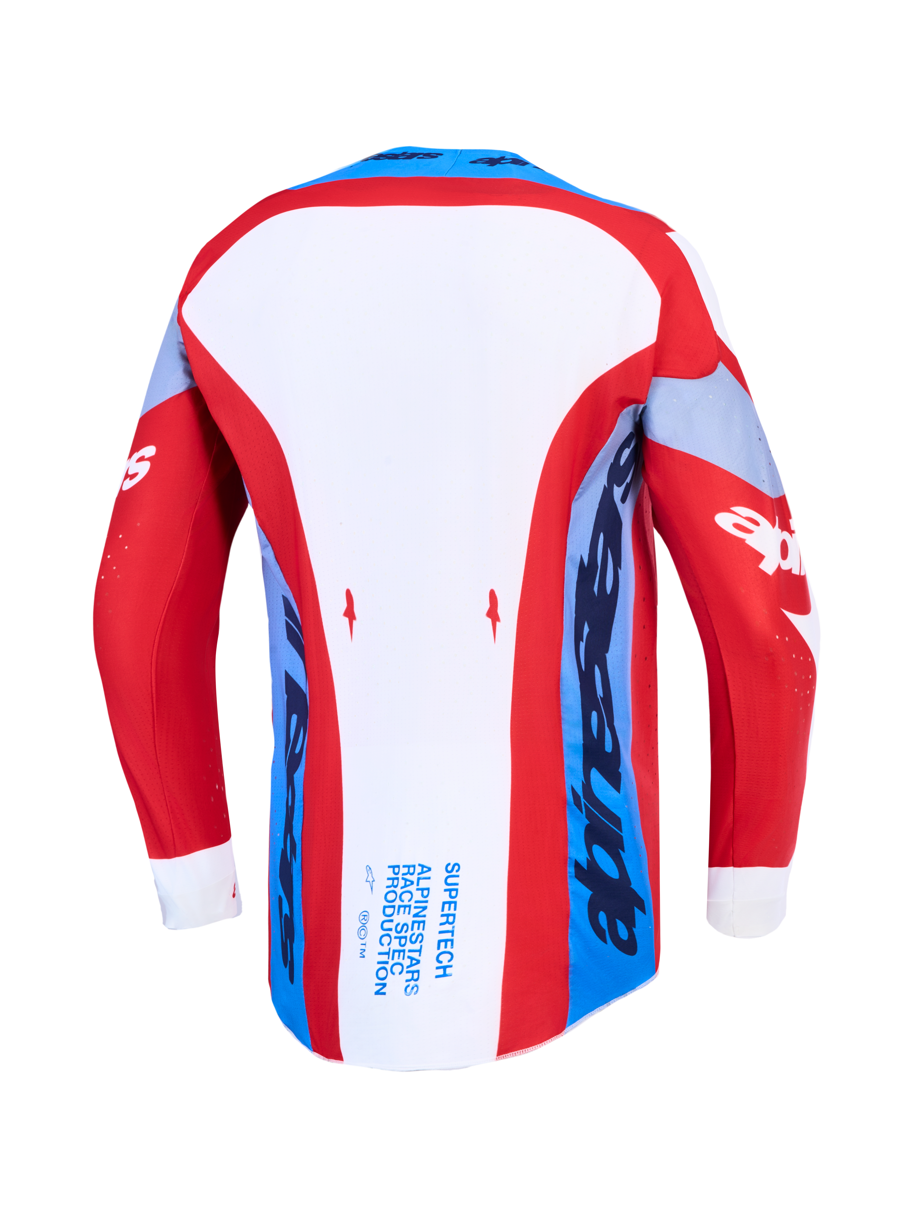 Alpinestars Supertech Dyna, camisola de motocross, vermelha, branca e azul-marinho, vista traseira com bainha prolongada.