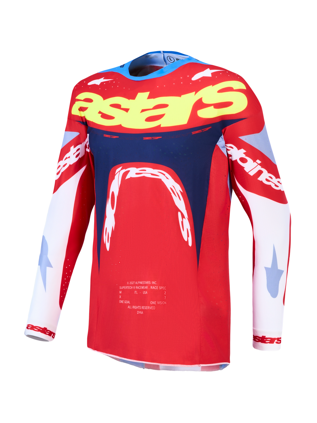 Alpinestars Camisola Supertech Dyna, camisola de motocross para homem, vermelha e azul-marinho, malha elástica leve com ajuste de corrida.