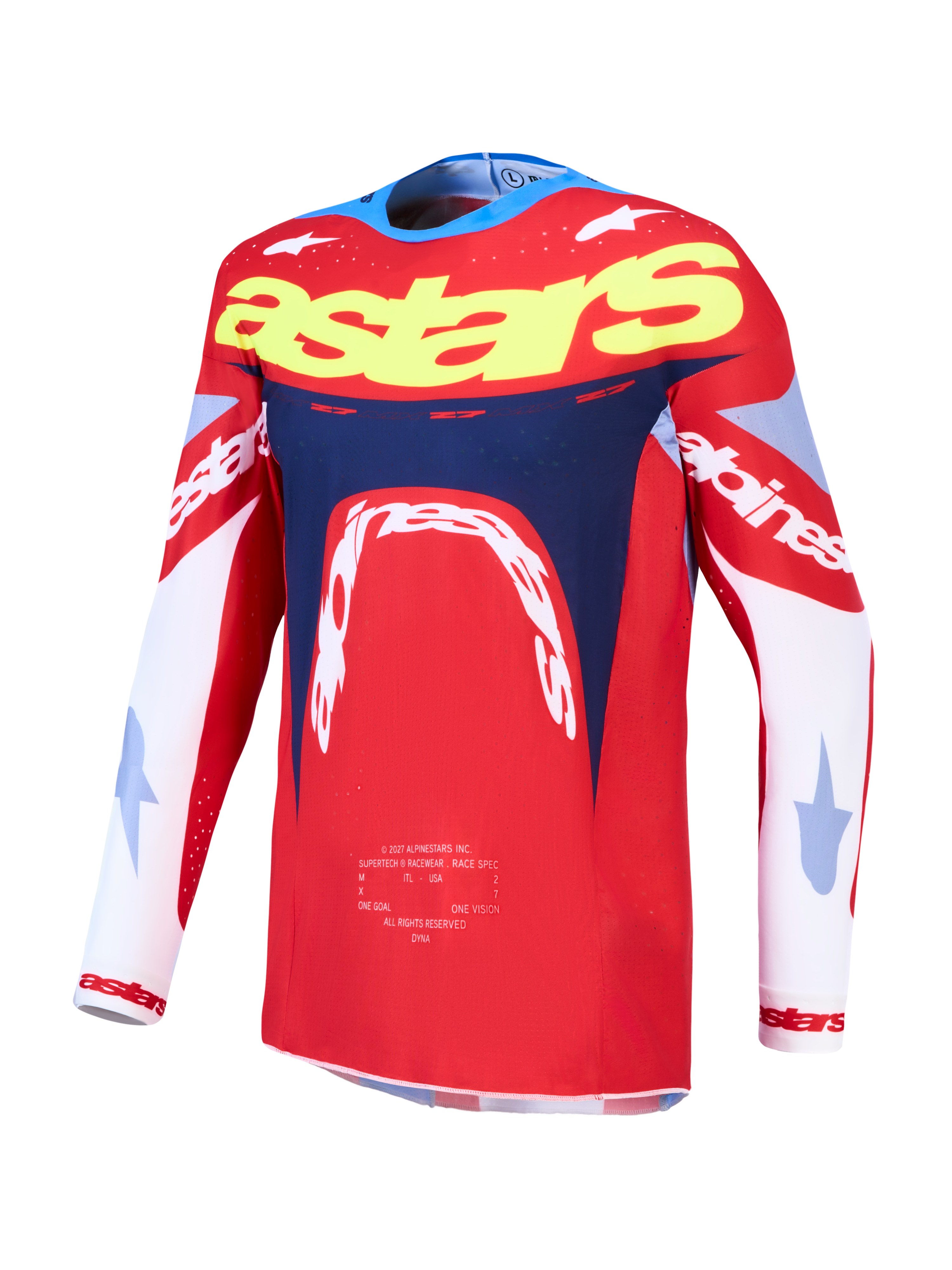 Alpinestars Camisola Supertech Dyna, camisola de motocross para homem, vermelha e azul-marinho, malha elástica leve com ajuste de corrida.