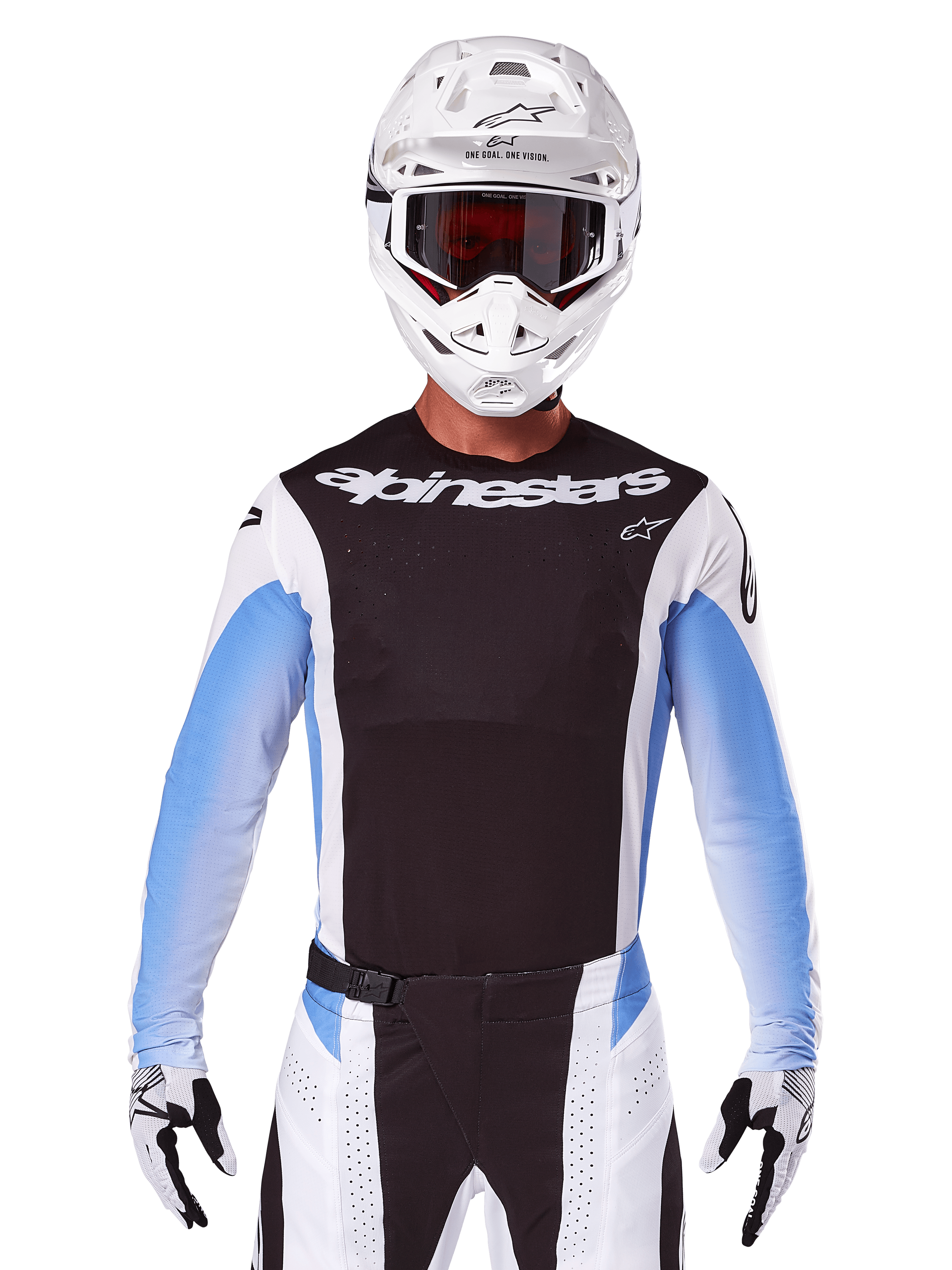 Alpinestars 2025 Techstar Melt Jersey, equipamento de motocross, preto, branco e azul, camisola de manga comprida com calças e luvas coordenadas, piloto com equipamento completo de MX, capacete branco e óculos de proteção
