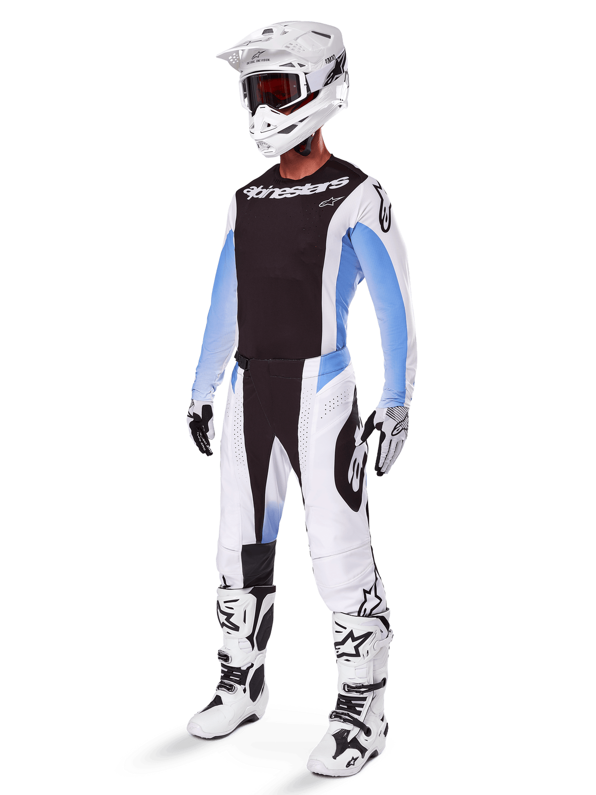 Conjunto de equipamento Techstar Melt 2025, fato completo de motocross, camisola preta com mangas brancas e azuis, calças brancas com detalhes pretos e azuis, capacete branco, luvas pretas e brancas, botas brancas com detalhes pretos, kit de proteção MX completo