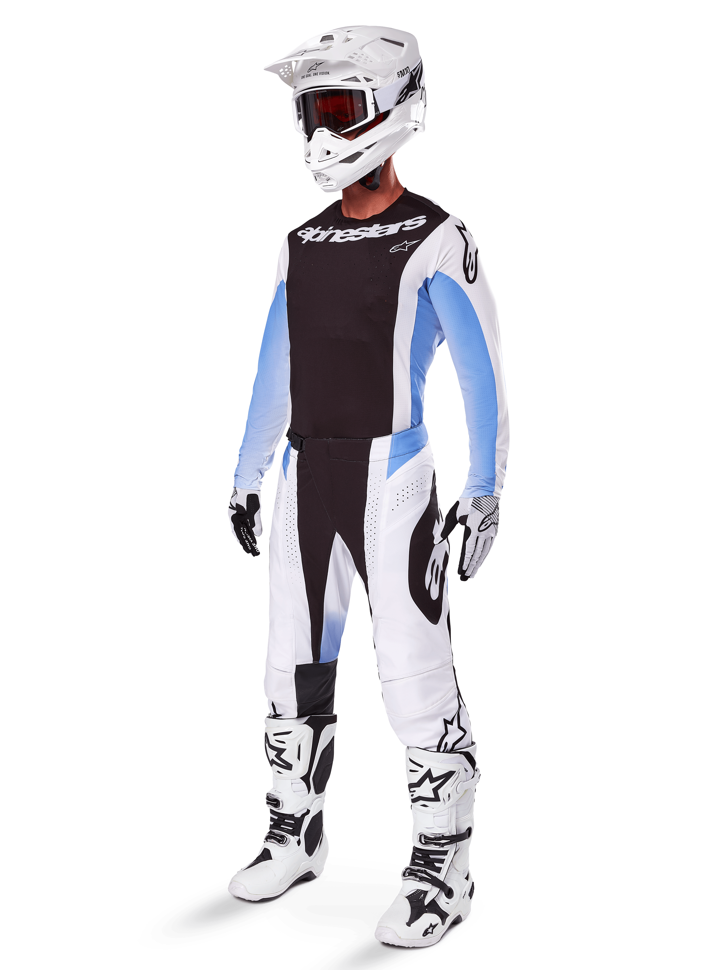 Conjunto de equipamento Techstar Melt 2025, fato completo de motocross, camisola preta com mangas brancas e azuis, calças brancas com detalhes pretos e azuis, capacete branco, luvas pretas e brancas, botas brancas com detalhes pretos, kit de proteção MX completo
