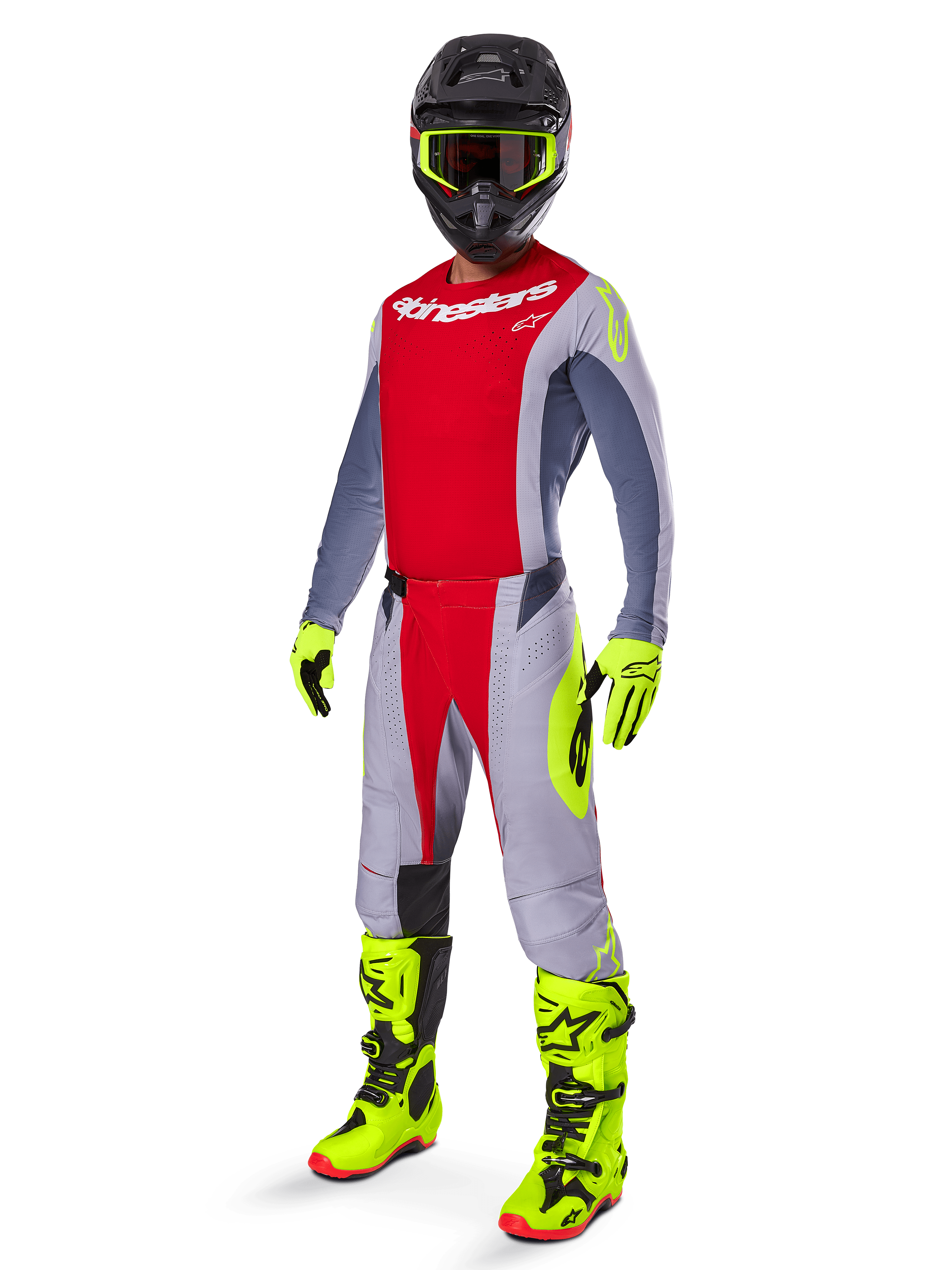 Motocross rider wearing Alpinestars 2025 Techstar Melt Jersey in Bright Red and Gray, featuring a red chest and gray sleeves with fluorescent yellow accents. Paired with matching pants, bright yellow racing boots and gloves, and a black helmet with yellow-framed goggles for a complete off-road racing kit.