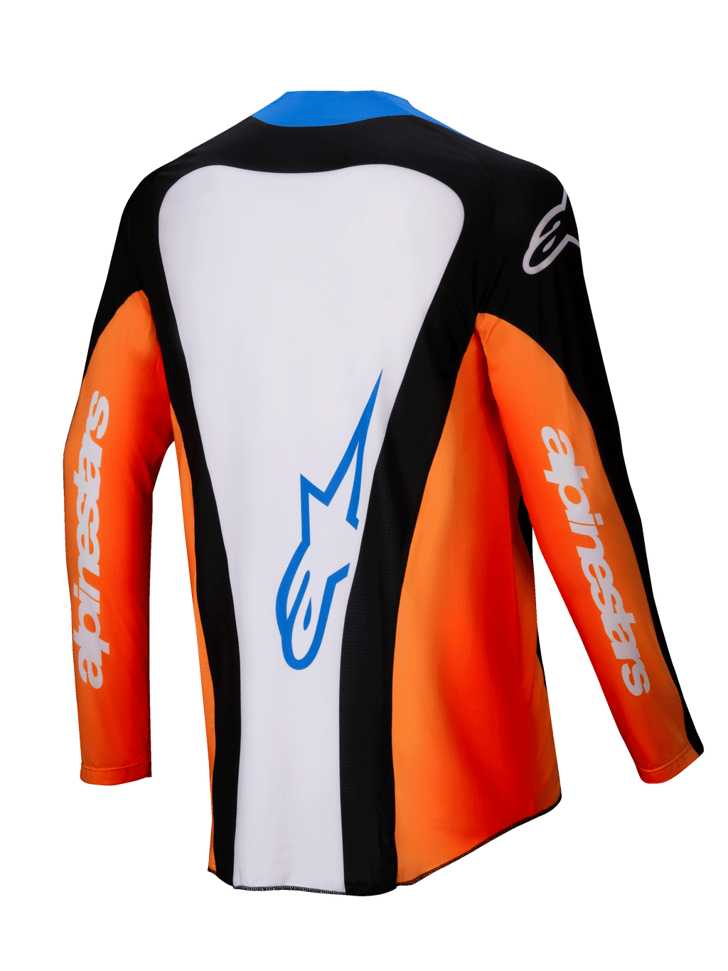 Alpinestars 2025 Techstar Melt Jersey, camisola de motocross, vista traseira, laranja, branca e preta com detalhes azuis, painel central branco com logótipo azul, mangas cor de laranja com branding branco, equipamento de corrida todo-o-terreno de alta performance