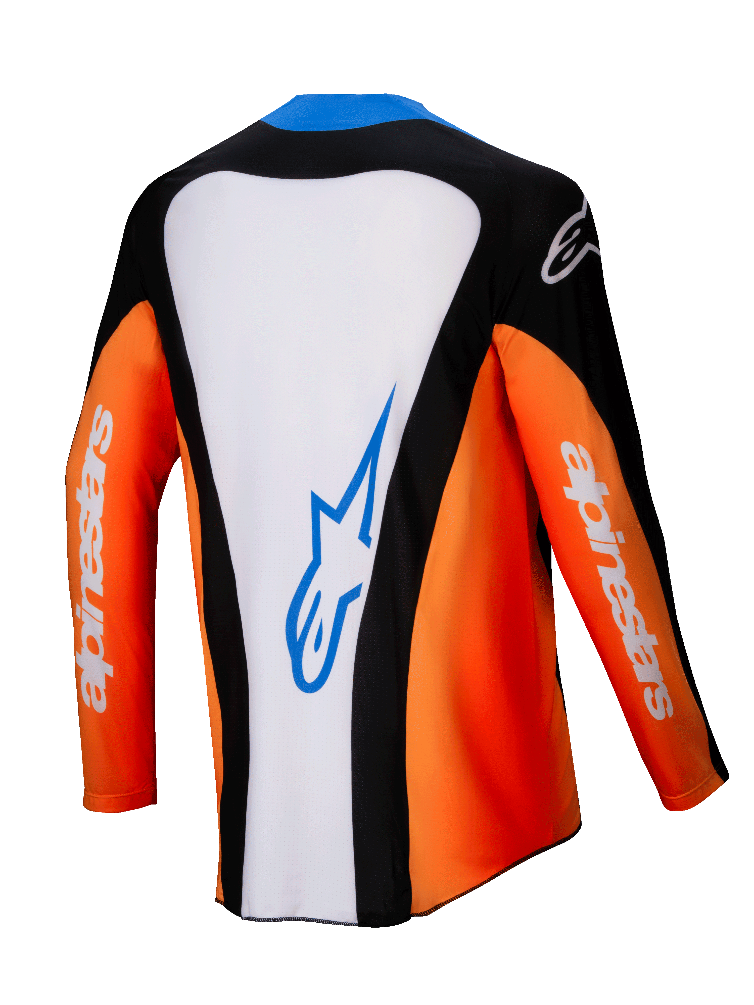 Alpinestars 2025 Techstar Melt Jersey, camisola de motocross, vista traseira, laranja, branca e preta com detalhes azuis, painel central branco com logótipo azul, mangas cor de laranja com branding branco, equipamento de corrida todo-o-terreno de alta performance