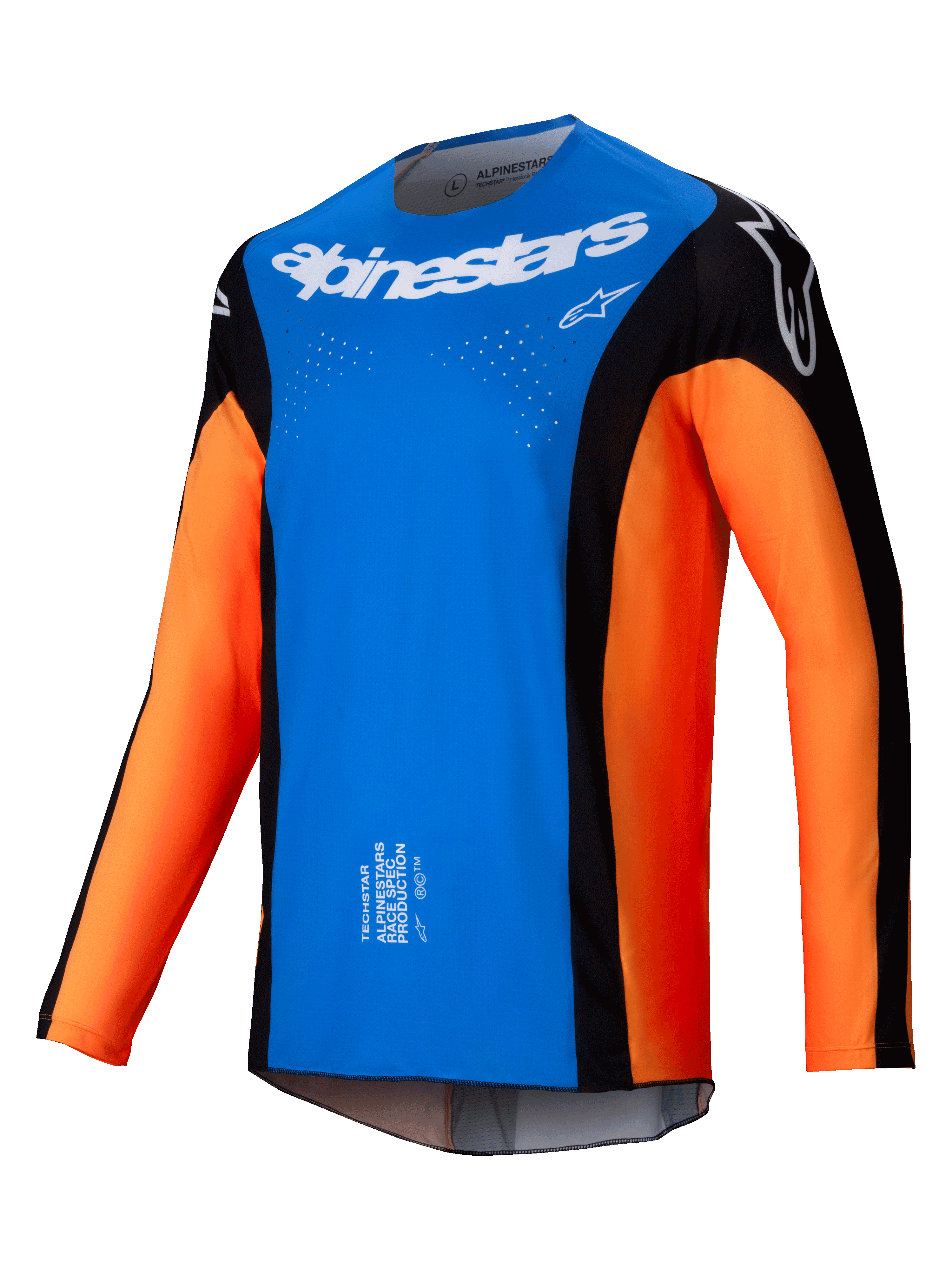 Alpinestars 2025 Techstar Melt Jersey, camisola de motocross, azul brilhante e laranja com painéis pretos, logótipo Alpinestars branco no peito, orifícios de ventilação cortados a laser, design técnico de manga comprida para corridas todo-o-terreno