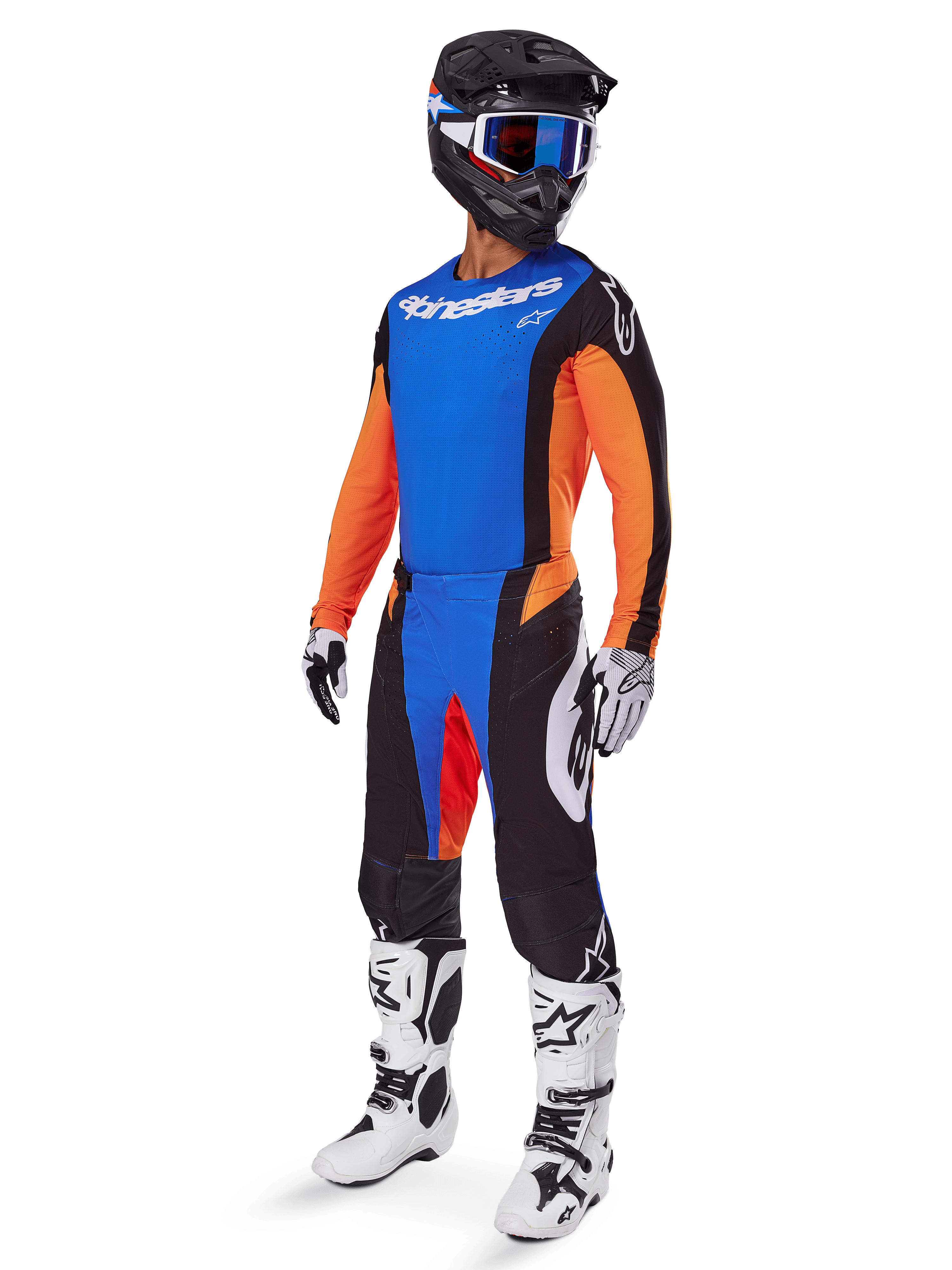 Conjunto de Equipamento Techstar Melt 2025, equipamento completo de motocross, camisola azul com mangas cor de laranja, calças pretas com detalhes azuis e vermelhos, capacete preto com detalhes brancos e azuis, luvas e botas brancas com padrões pretos, equipamento de proteção para corrida