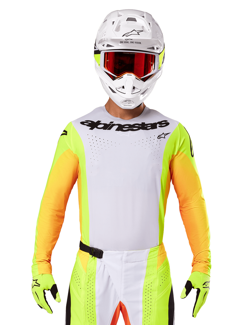 Alpinestars 2025 Techstar Melt Jersey, equipamento de motocross, peito branco com mangas amarelo néon e laranja, piloto com capacete branco e óculos vermelhos, luvas amarelo néon com logótipos pretos, cores vibrantes para desempenho em todo-o-terreno