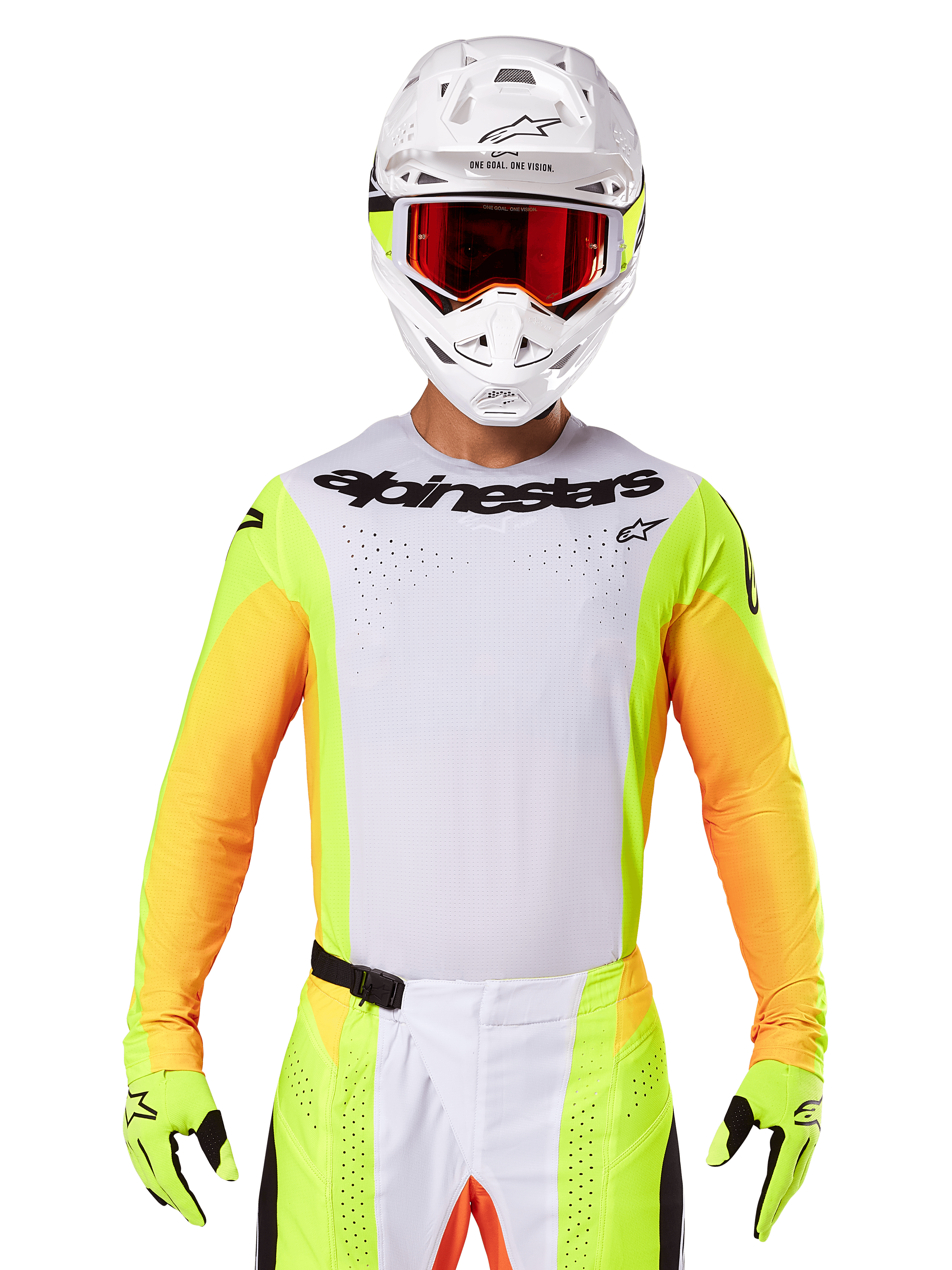 Alpinestars 2025 Techstar Melt Jersey, equipamento de motocross, peito branco com mangas amarelo néon e laranja, piloto com capacete branco e óculos vermelhos, luvas amarelo néon com logótipos pretos, cores vibrantes para desempenho em todo-o-terreno