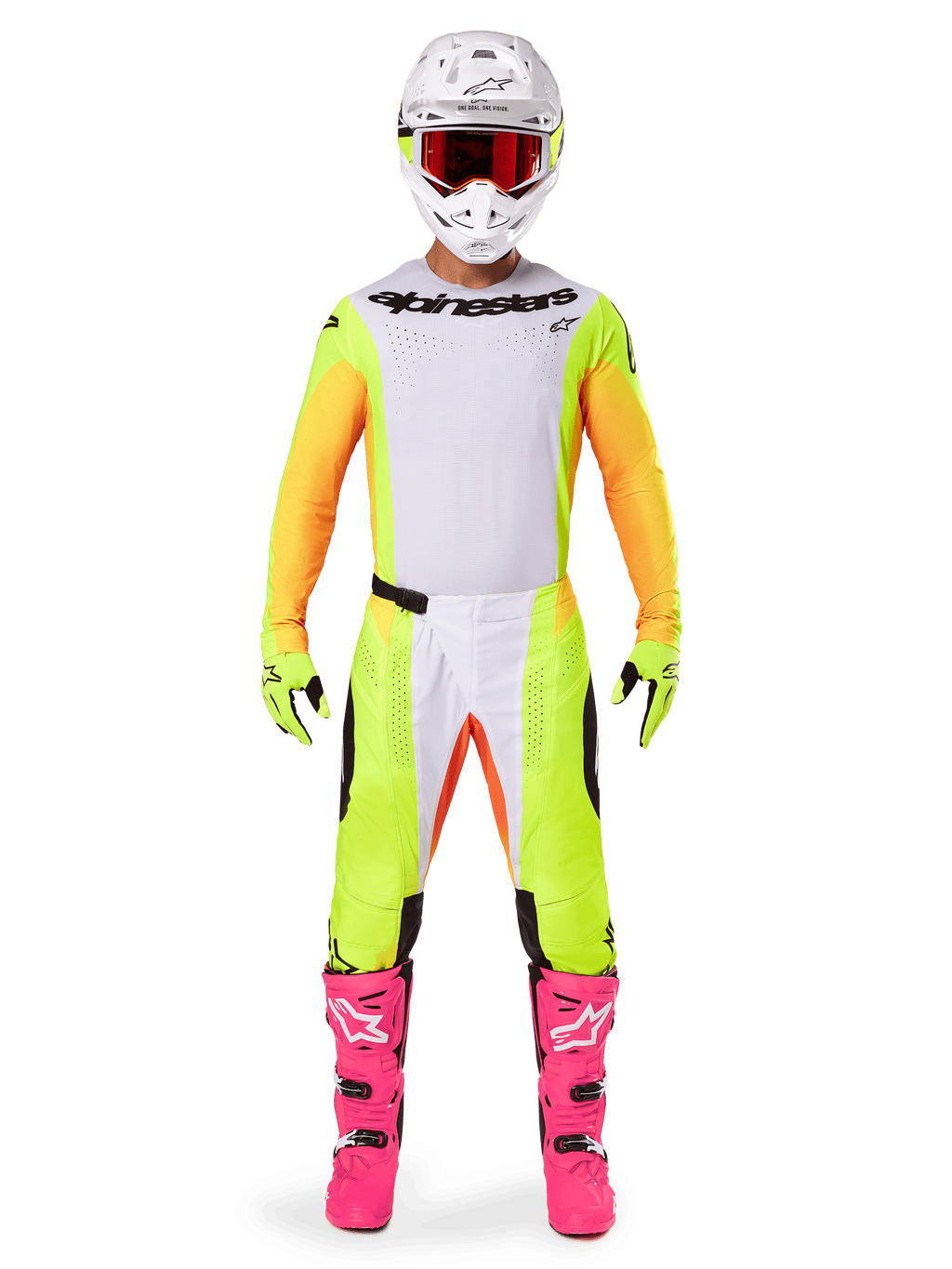 Alpinestars 2025 Techstar Melt Jersey, piloto de motocross com equipamento completo, camisola branca e amarela com mangas laranja, calças amarelas a condizer, botas cor-de-rosa vibrante, capacete branco com óculos vermelhos, kit de corrida todo-o-terreno coordenado