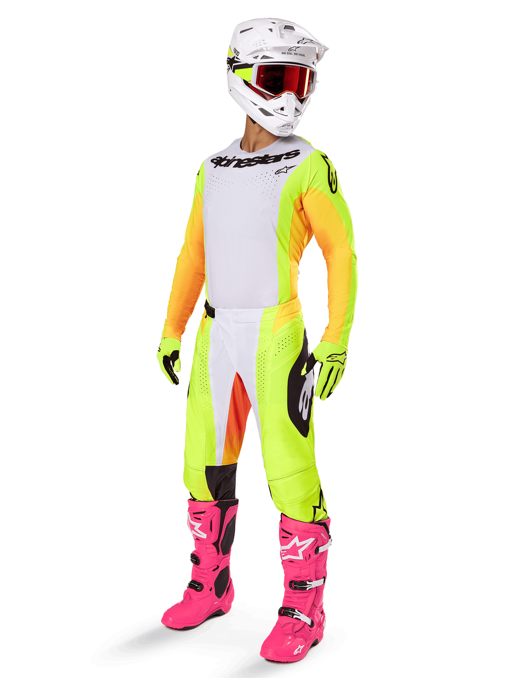 Piloto de motocross com equipamento completo Alpinestars, incluindo a camisola 2025 Techstar Melt com frente branca, painéis amarelos e mangas cor de laranja, calças amarelas e brancas, capacete branco com óculos vermelhos e botas cor-de-rosa vibrantes, kit de corrida profissional para todo-o-terreno
