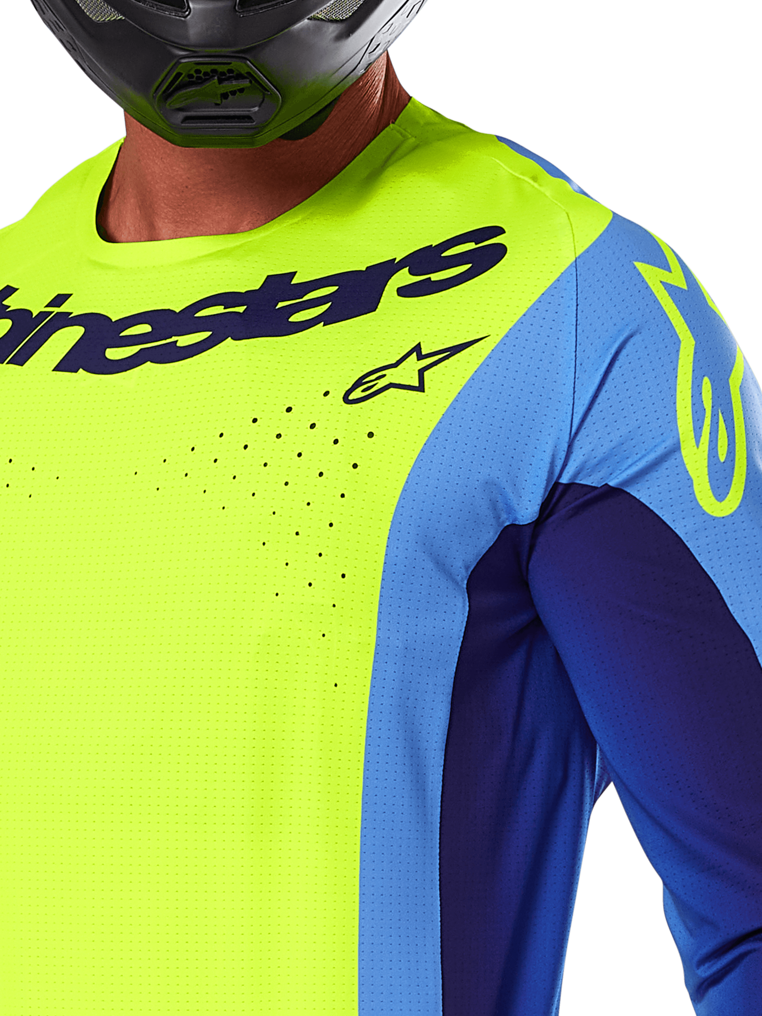 Alpinestars 2025 Techstar Melt Jersey, camisola de motocross, amarelo fluo e azul, com perfurações cortadas a laser e logótipo em destaque no peito, corte atlético para corridas todo-o-terreno, vista em pormenor com um capacete preto