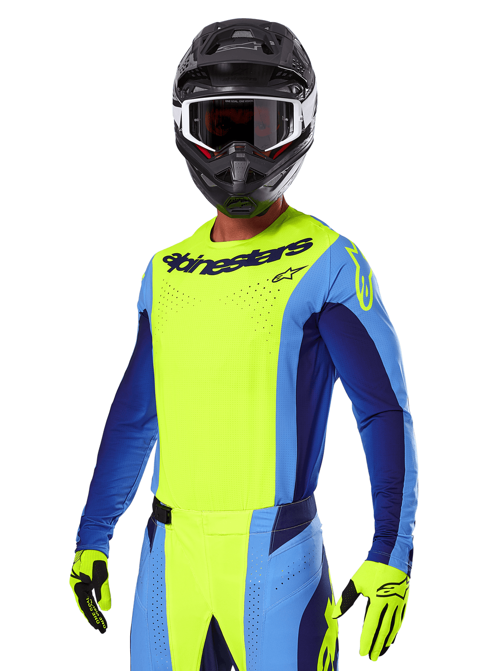 Conjunto de Equipamento Alpinestars 2025 Techstar Melt, piloto de motocross com camisola amarela e azul vibrante e calças a condizer, capacete preto com óculos brancos e pretos, luvas amarelas, conjunto de corrida todo-o-terreno coordenado com logótipos Alpinestars em destaque e pormenores perfurados