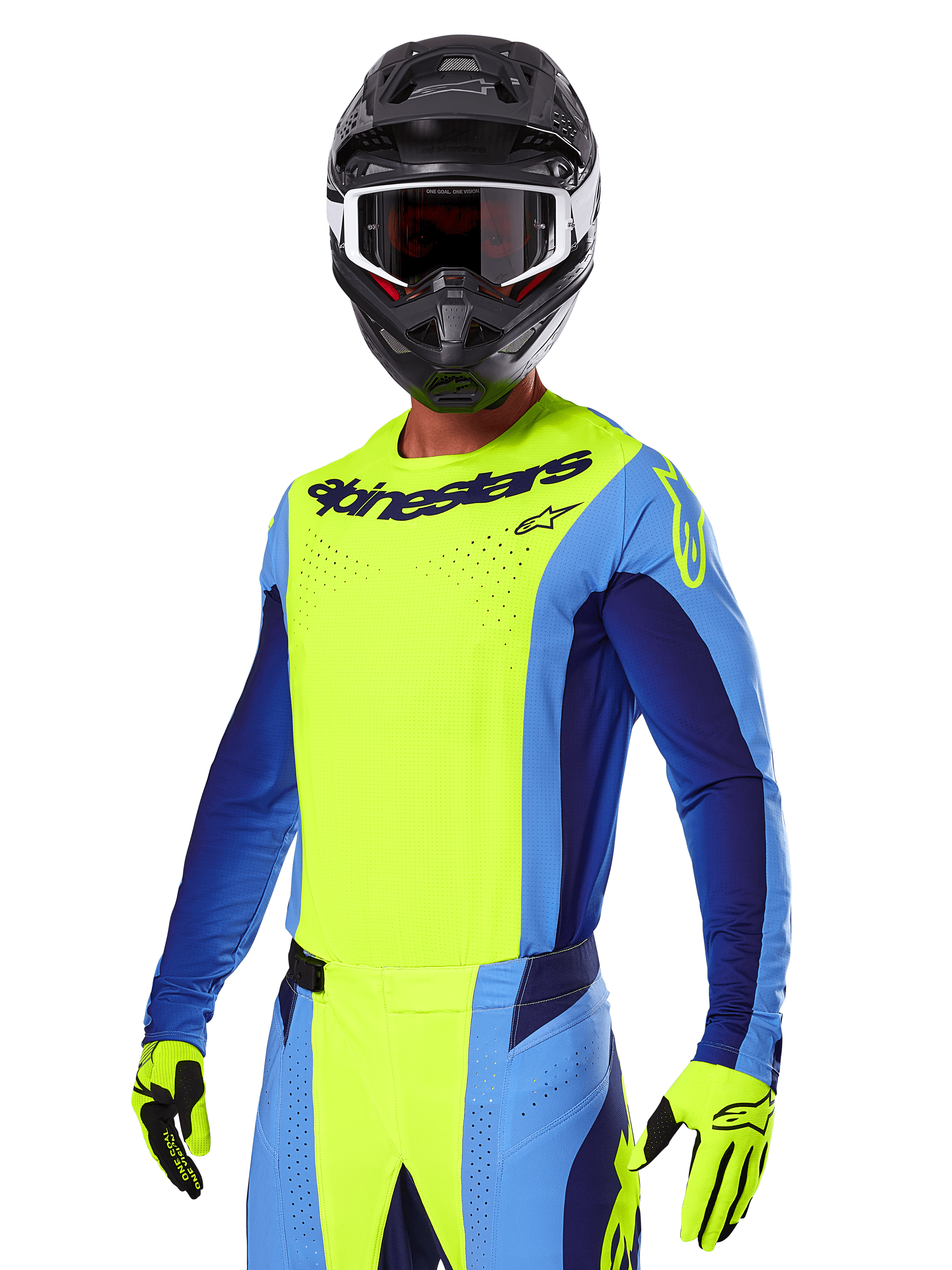 Conjunto de Equipamento Alpinestars 2025 Techstar Melt, piloto de motocross com camisola amarela e azul vibrante e calças a condizer, capacete preto com óculos brancos e pretos, luvas amarelas, conjunto de corrida todo-o-terreno coordenado com logótipos Alpinestars em destaque e pormenores perfurados
