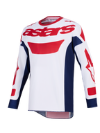 Alpinestars 2026 Racer Riway Jersey, Motocross Jersey, White Blue and Red, red astars logo on chest, navy blue side panels, long sleeves with red graphics, performance off-road riding gear