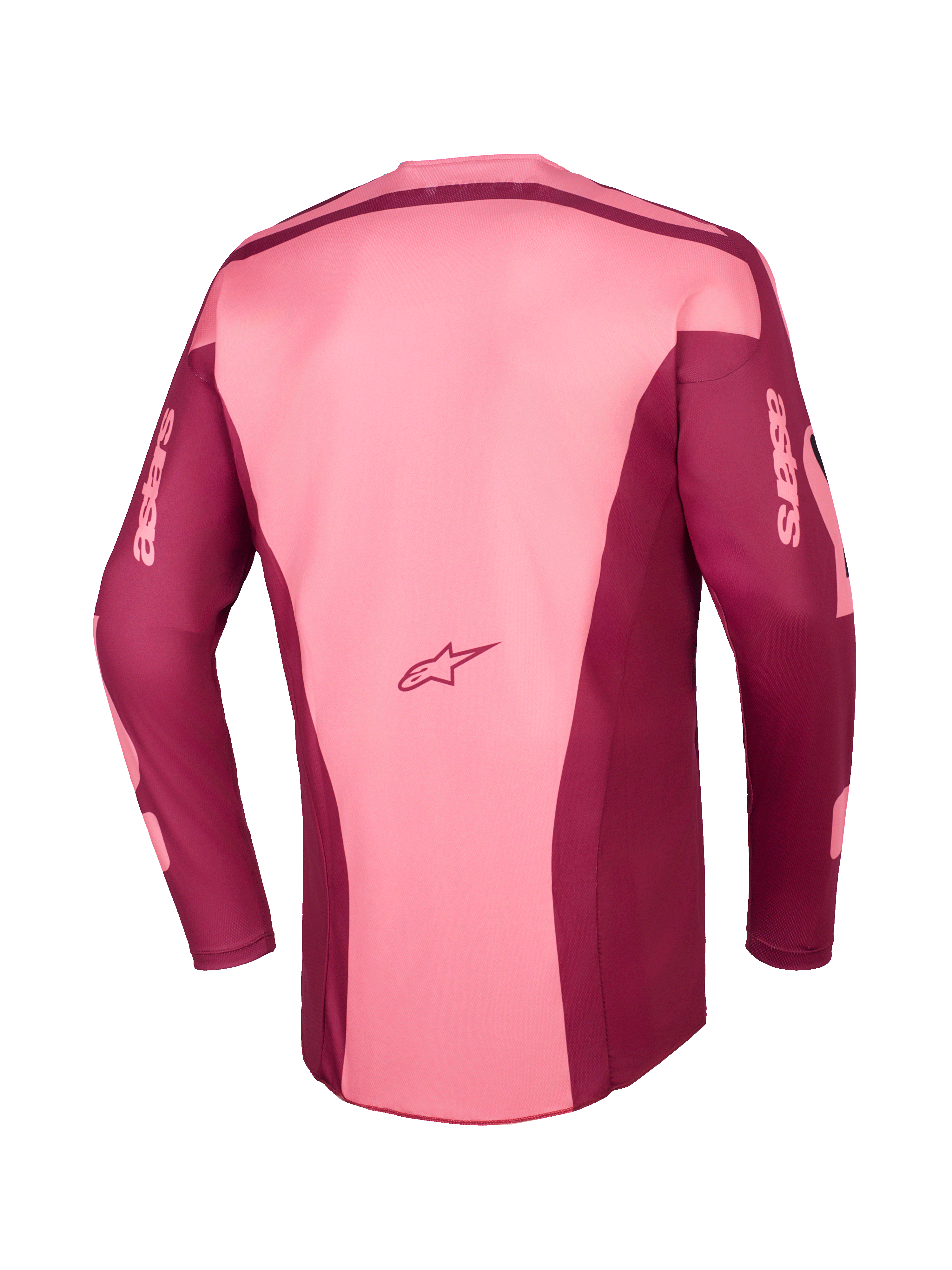 Alpinestars 2026 Racer Riway Jersey, camisola de motocross, Dark Red Coral, vista traseira mostrando construção multi-painel, logótipo Astars na parte inferior das costas e marca astars nas mangas compridas, equipamento de performance para todo-o-terreno