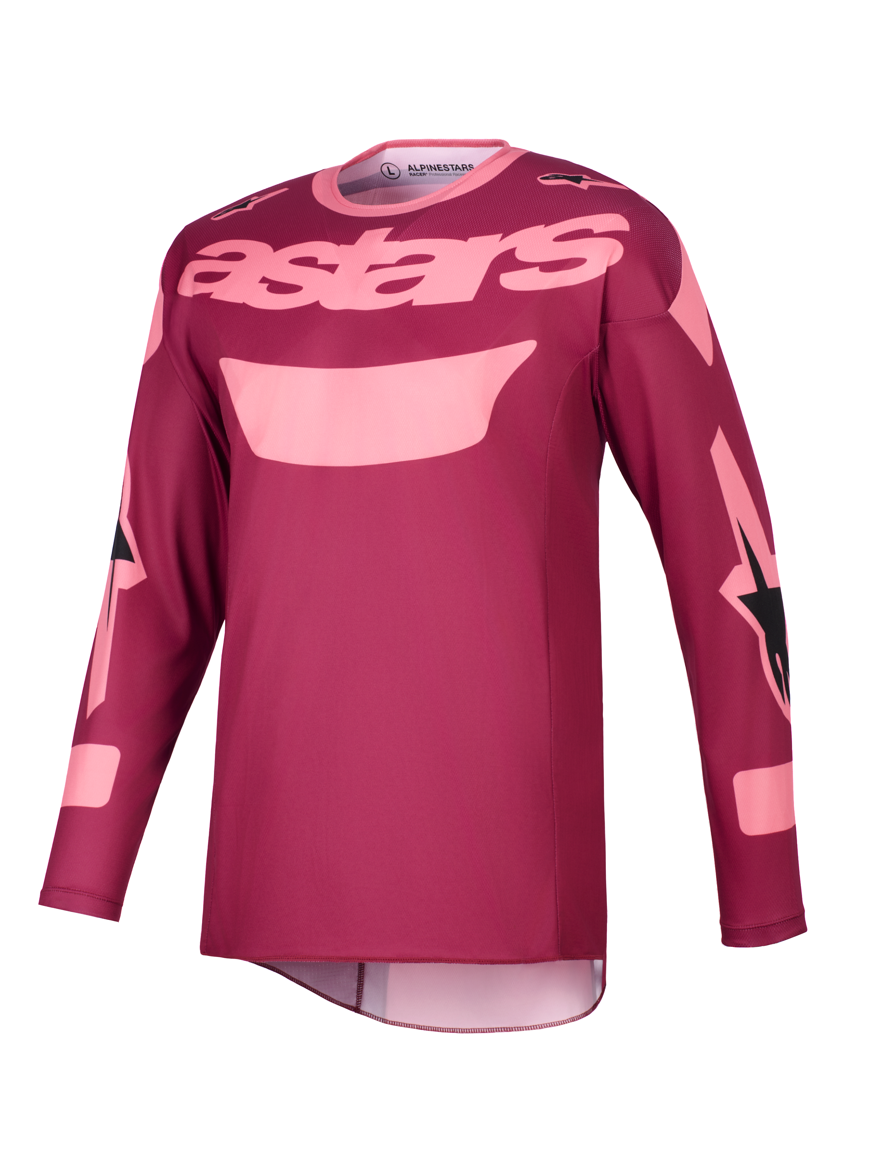 Alpinestars 2026 Racer Riway Jersey, camisola de motocross, vermelho coral escuro com texto "astars" cor-de-rosa claro no peito e detalhes gráficos nas mangas, equipamento técnico de manga comprida para desempenho em todo-o-terreno