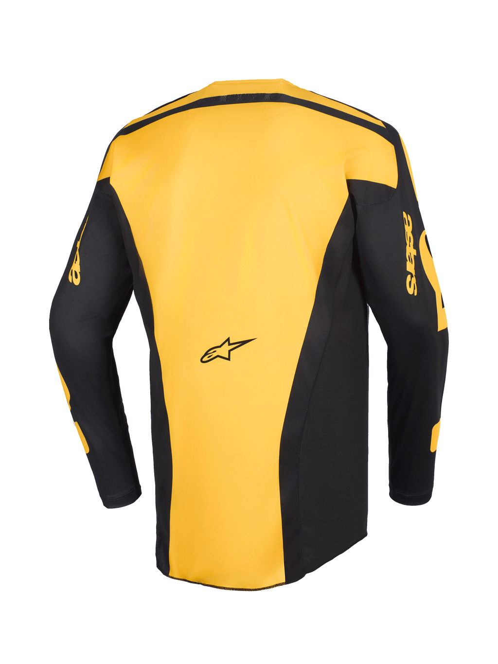 Alpinestars 2026 Racer Riway Jersey, camisola de motocross, amarela e preta, vista traseira mostrando o painel central amarelo e mangas pretas com marca 'astars' amarela, design ergonómico para corridas off-road