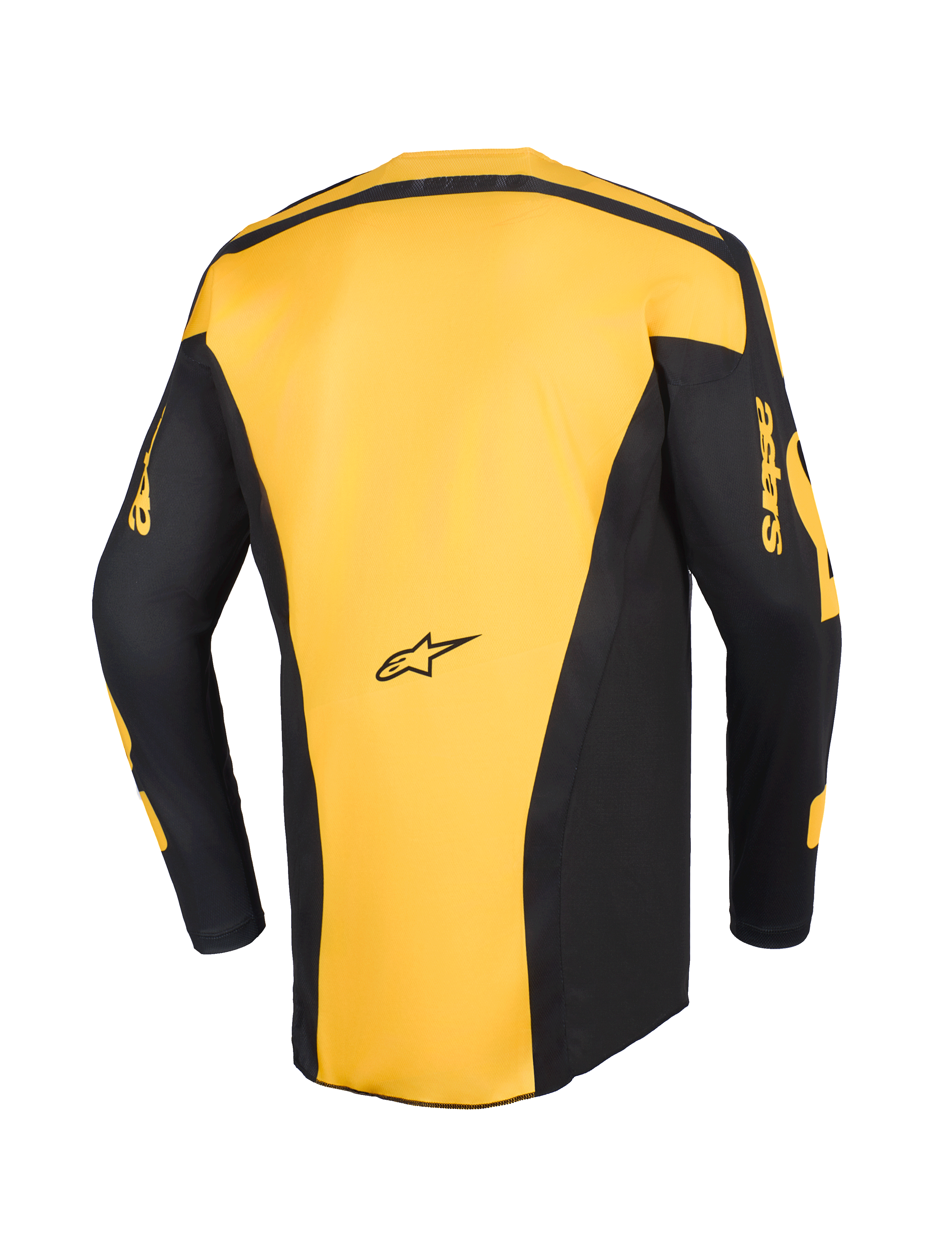 Alpinestars 2026 Racer Riway Jersey, camisola de motocross, amarela e preta, vista traseira mostrando o painel central amarelo e mangas pretas com marca 'astars' amarela, design ergonómico para corridas off-road