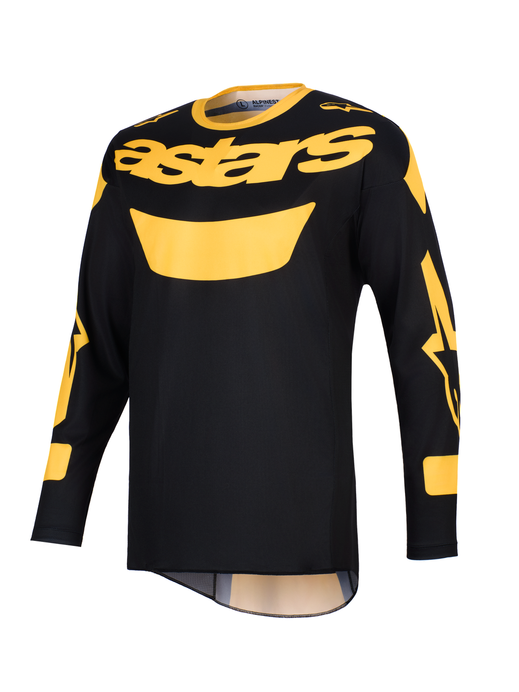 Alpinestars 2026 Racer Riway Jersey, camisola de motocross, amarela e preta, com um logótipo 'astars' amarelo em destaque no peito, mangas compridas com pormenores gráficos e construção em polifabric leve para condução off-road.
