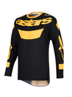 Alpinestars 2026 Racer Riway Jersey, camisola de motocross, amarela e preta, com um logótipo 'astars' amarelo em destaque no peito, mangas compridas com pormenores gráficos e construção em polifabric leve para condução off-road.