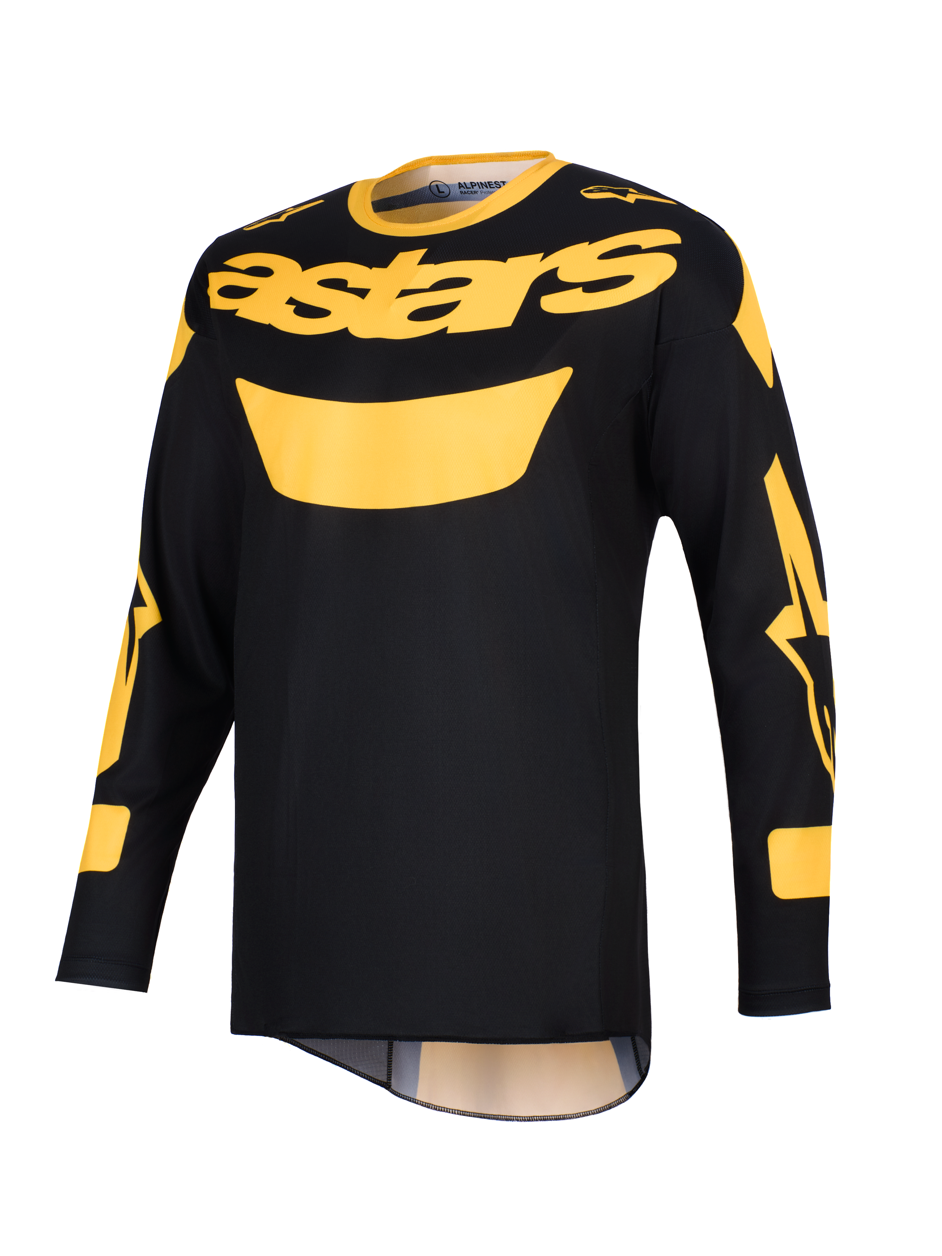 Alpinestars 2026 Racer Riway Jersey, camisola de motocross, amarela e preta, com um logótipo 'astars' amarelo em destaque no peito, mangas compridas com pormenores gráficos e construção em polifabric leve para condução off-road.