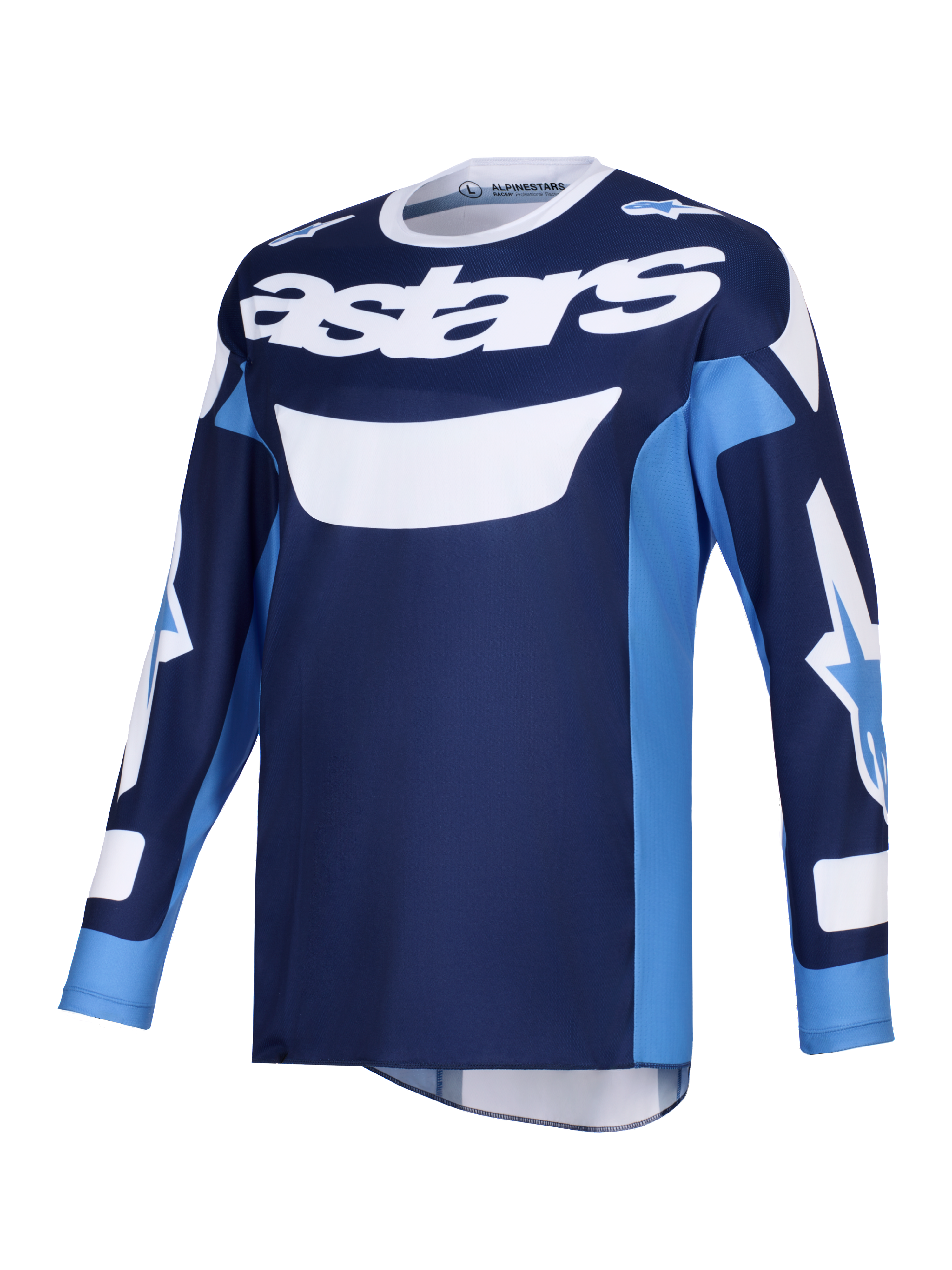 Alpinestars 2026 Racer Riway Jersey, Motocross Jersey, Ucla Blue and White, featuring bold white 'astars' logo on the chest, long sleeve design with logos on sleeves, lightweight polyfabric and moisture-wicking construction for off-road riding