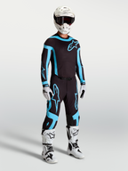 Alpinestars Camisola Supertech Vesta e Supertech Vesta Gear Set, conjunto de motocross, preto e turquesa, com ajuste atlético de corrida.