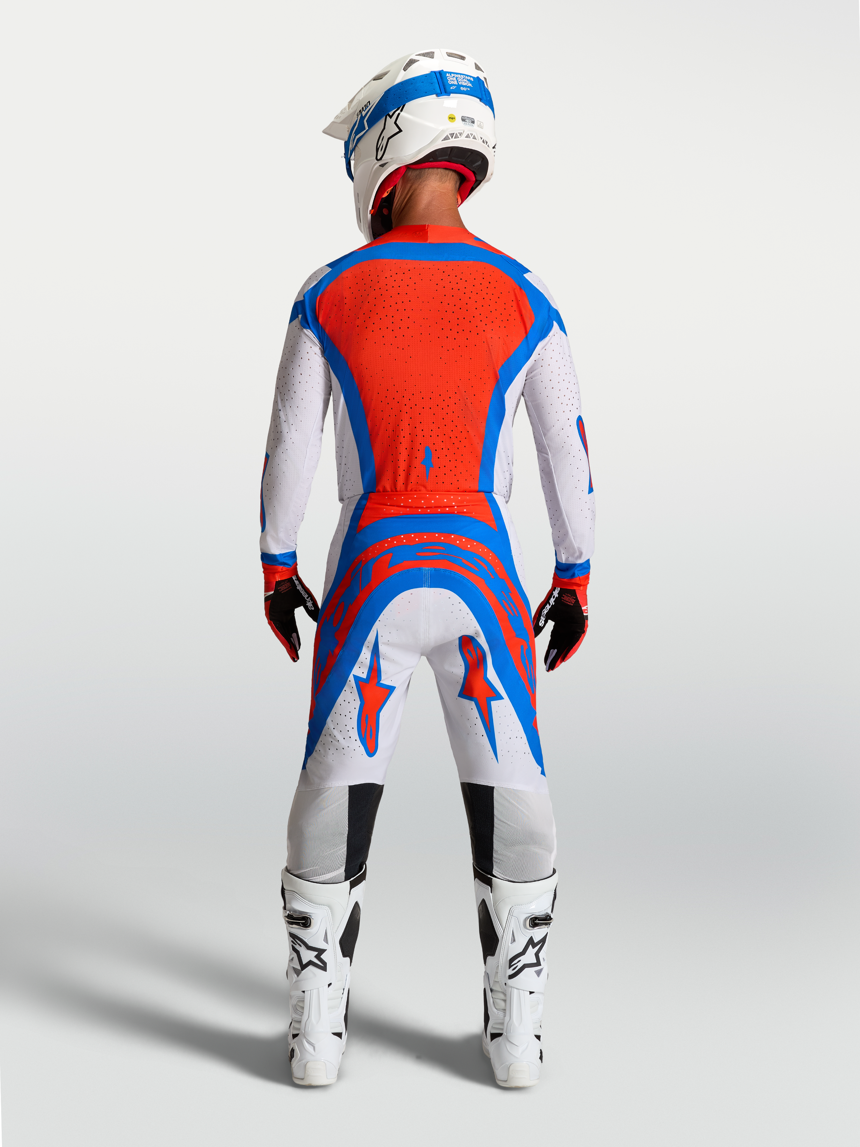 Alpinestars camisola Supertech Vesta e Supertech Vesta Gear Set, motocross para homem, vermelho e azul, vista traseira.