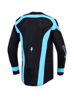 Alpinestars camisola Supertech Vesta de motocross para homem, preta e azul, vista traseira com ventilação perfurada a laser.
