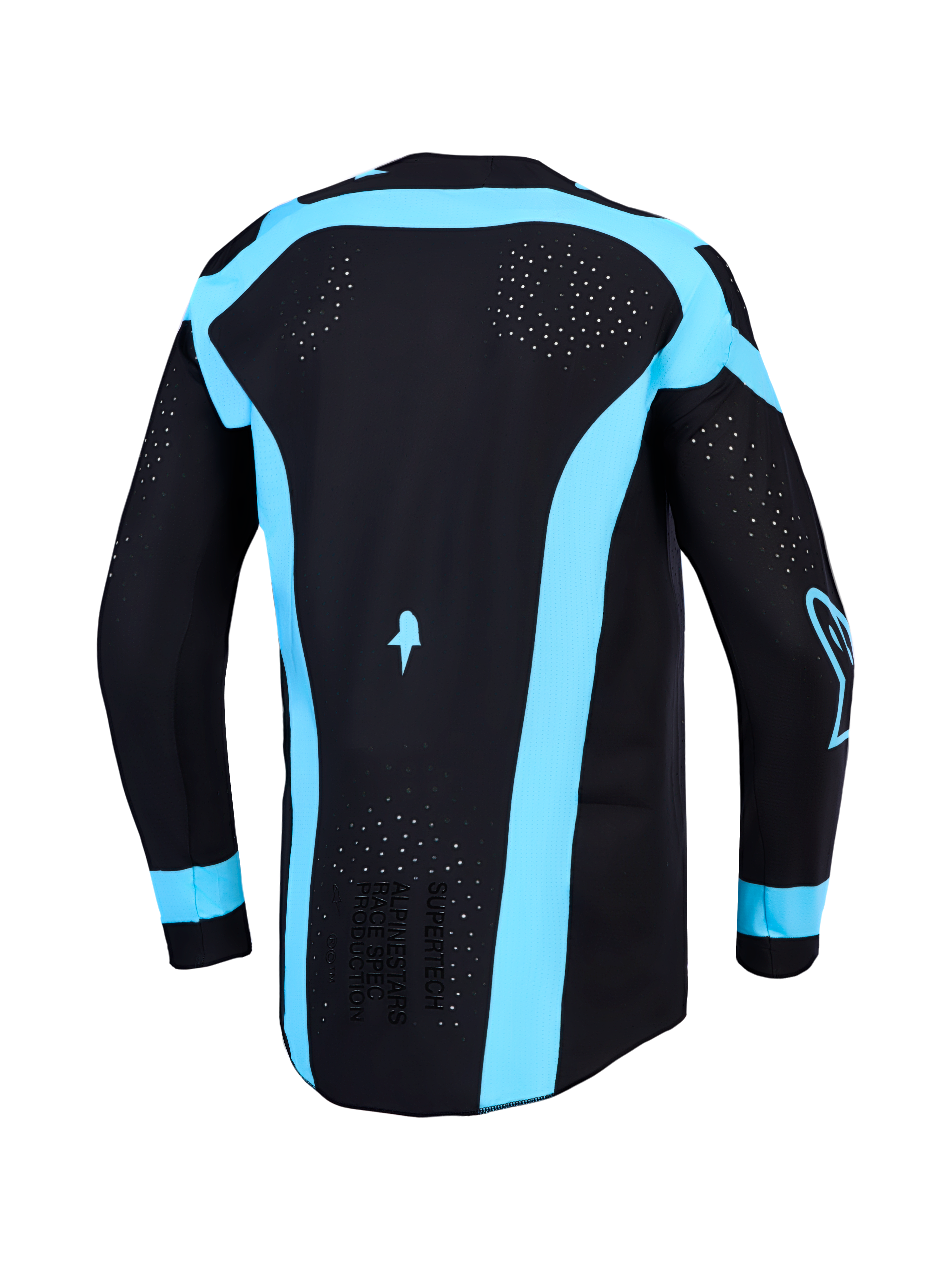 Alpinestars camisola Supertech Vesta de motocross para homem, preta e azul, vista traseira com ventilação perfurada a laser.