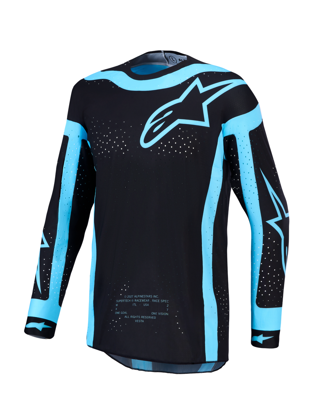 Alpinestars Camisola Supertech Vesta AND Supertech Vesta Gear Set, camisola de motocross para homem, preta e turquesa, com perfurações a laser e corte atlético