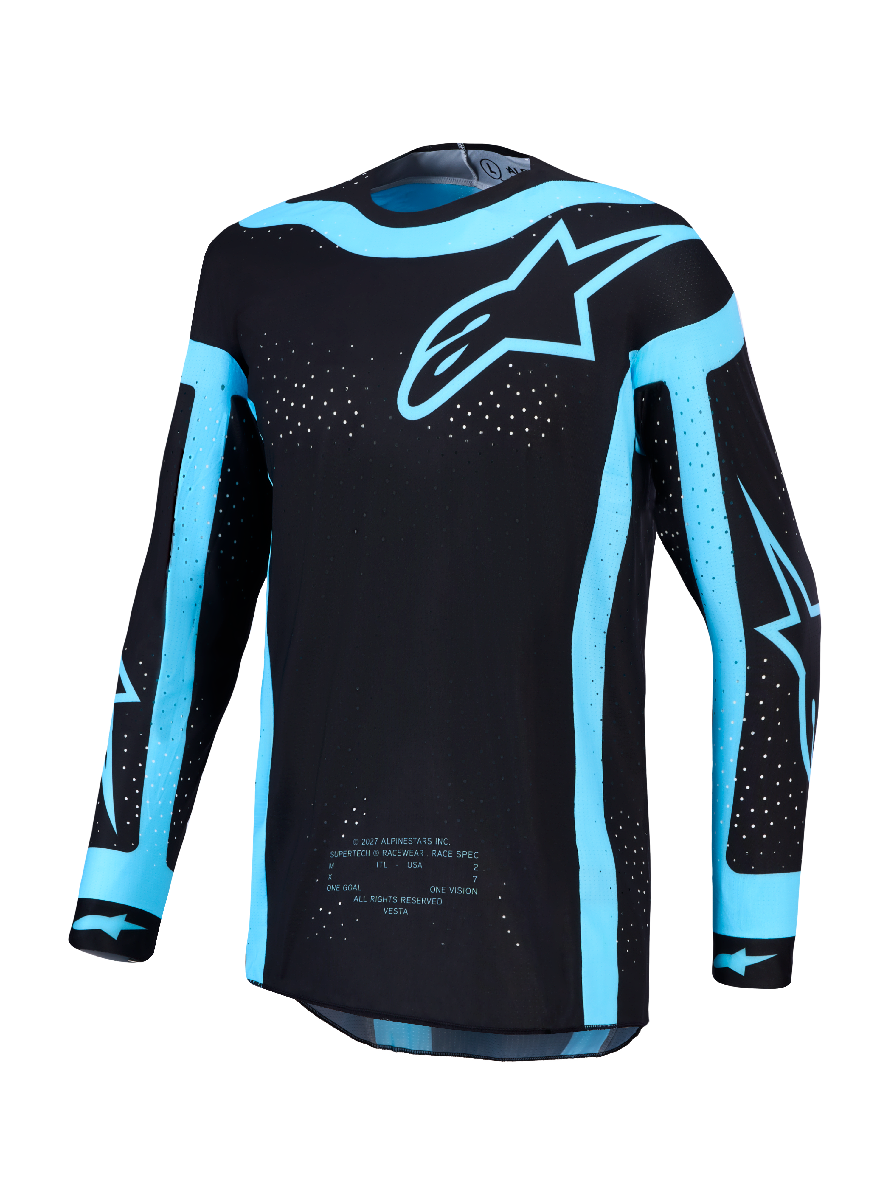 Alpinestars Camisola Supertech Vesta AND Supertech Vesta Gear Set, camisola de motocross para homem, preta e turquesa, com perfurações a laser e corte atlético