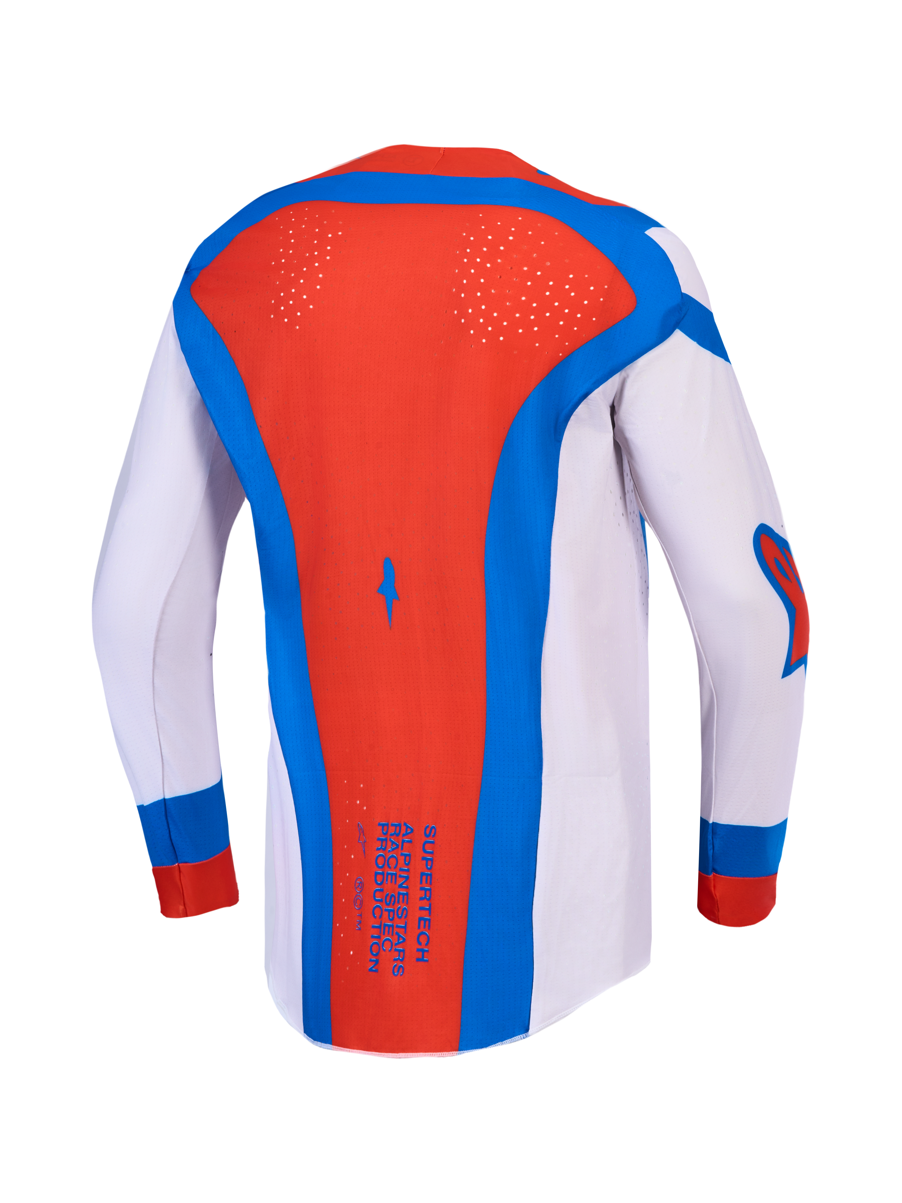 Alpinestars camisola Supertech Vesta para homem, lilás, vermelha e azul, vista traseira com ventilação perfurada a laser.