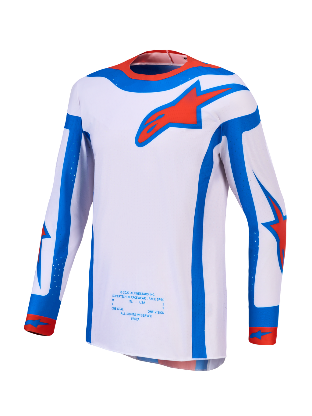 Alpinestars Supertech Vesta camisola e conjunto, camisola MX para homem, lilás claro, vermelha e azul, ajuste atlético.
