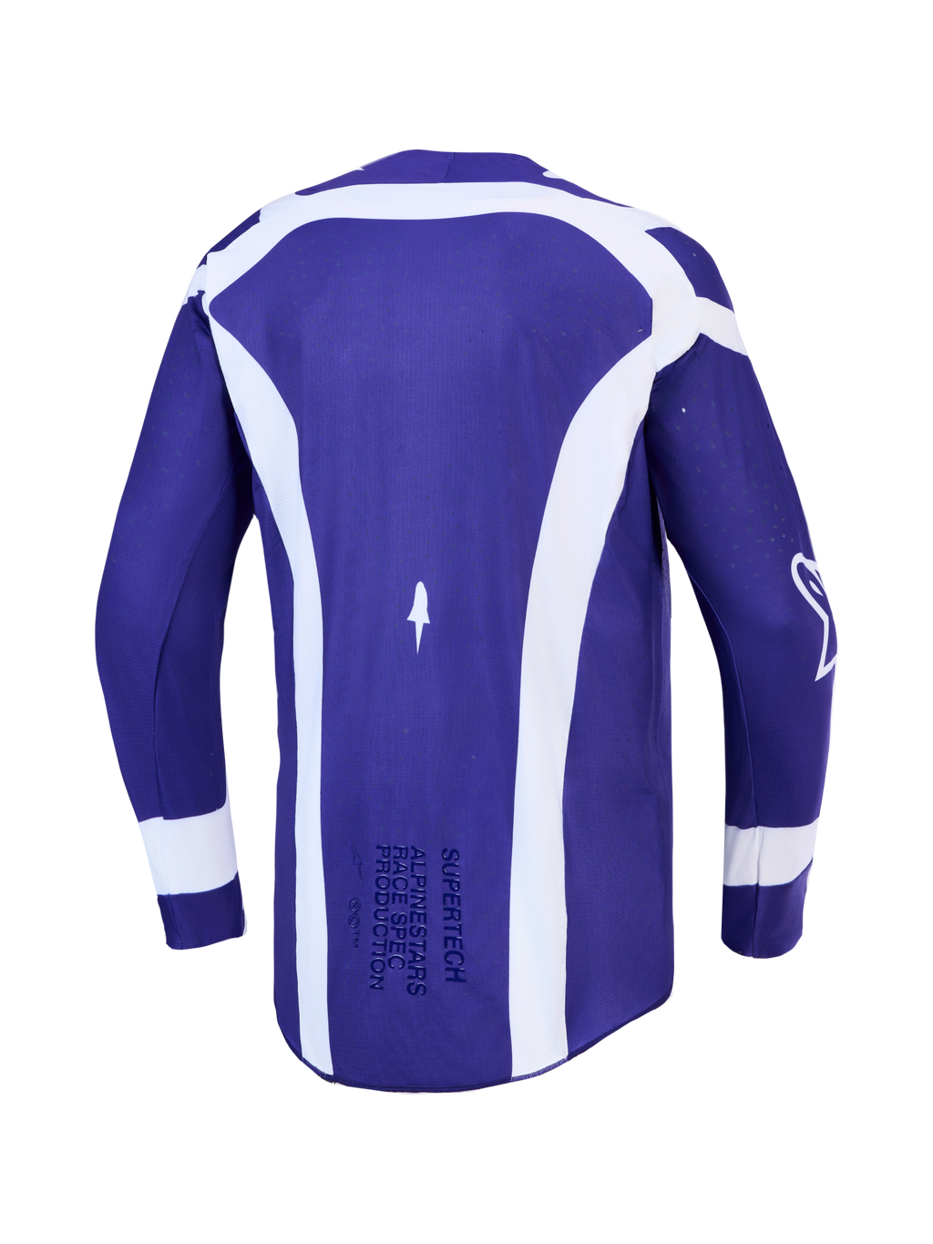 Alpinestars Supertech Vesta, camisola de motocross para homem, azul e branca, malha elástica, vista traseira.