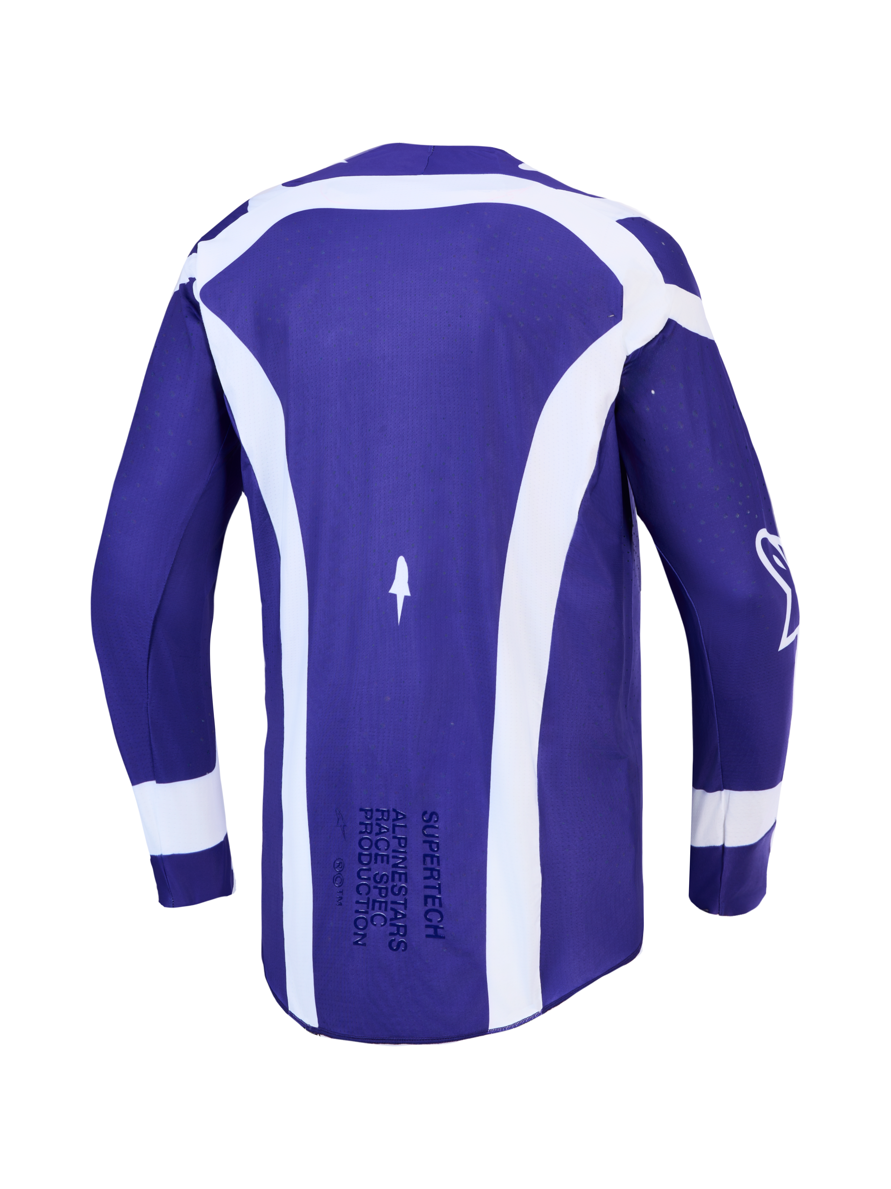 Alpinestars Supertech Vesta, camisola de motocross para homem, azul e branca, malha elástica, vista traseira.