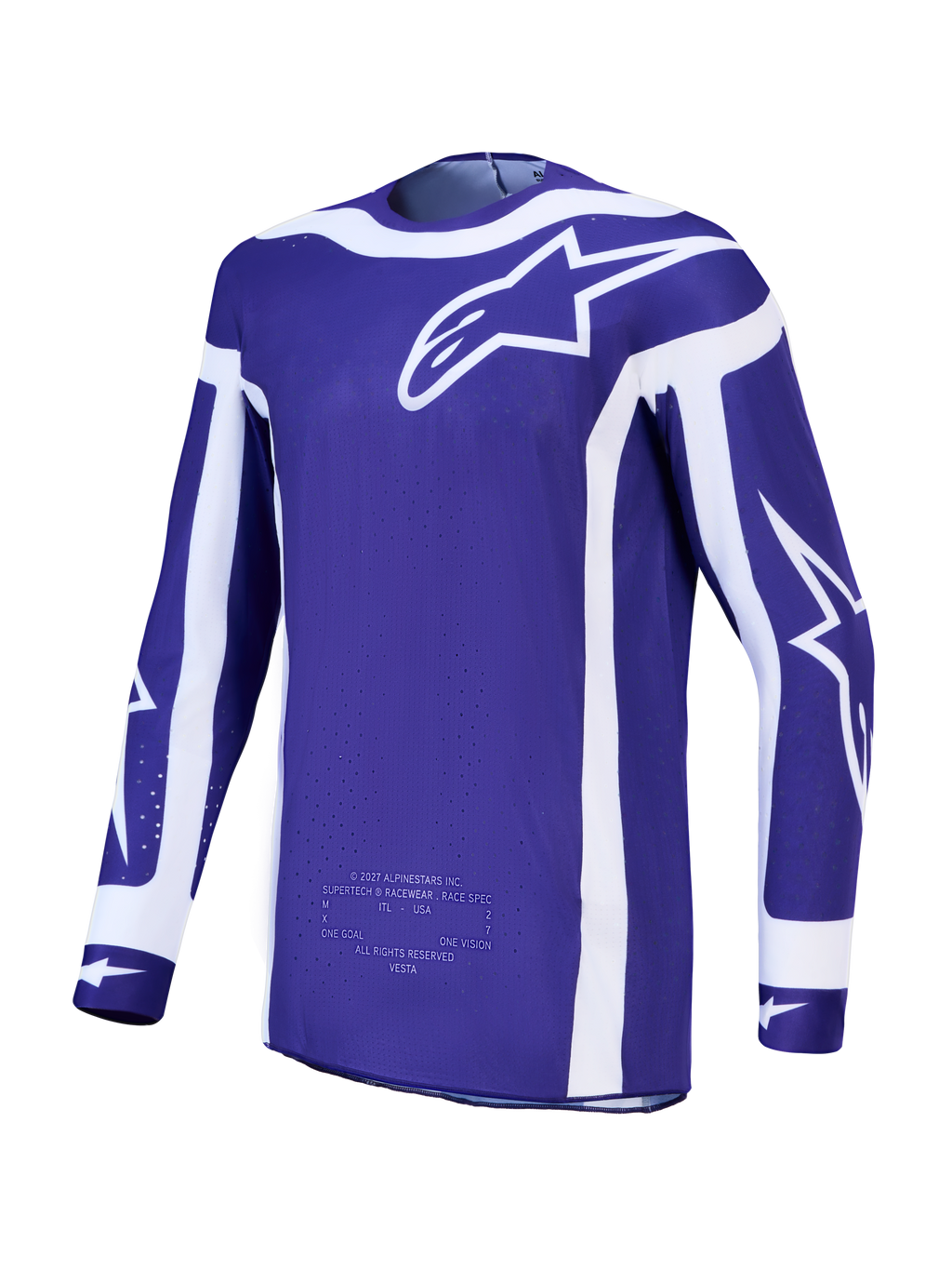 Alpinestars camisola Supertech Vesta para homem, azul e branca, em malha elástica leve para motocross de competição.