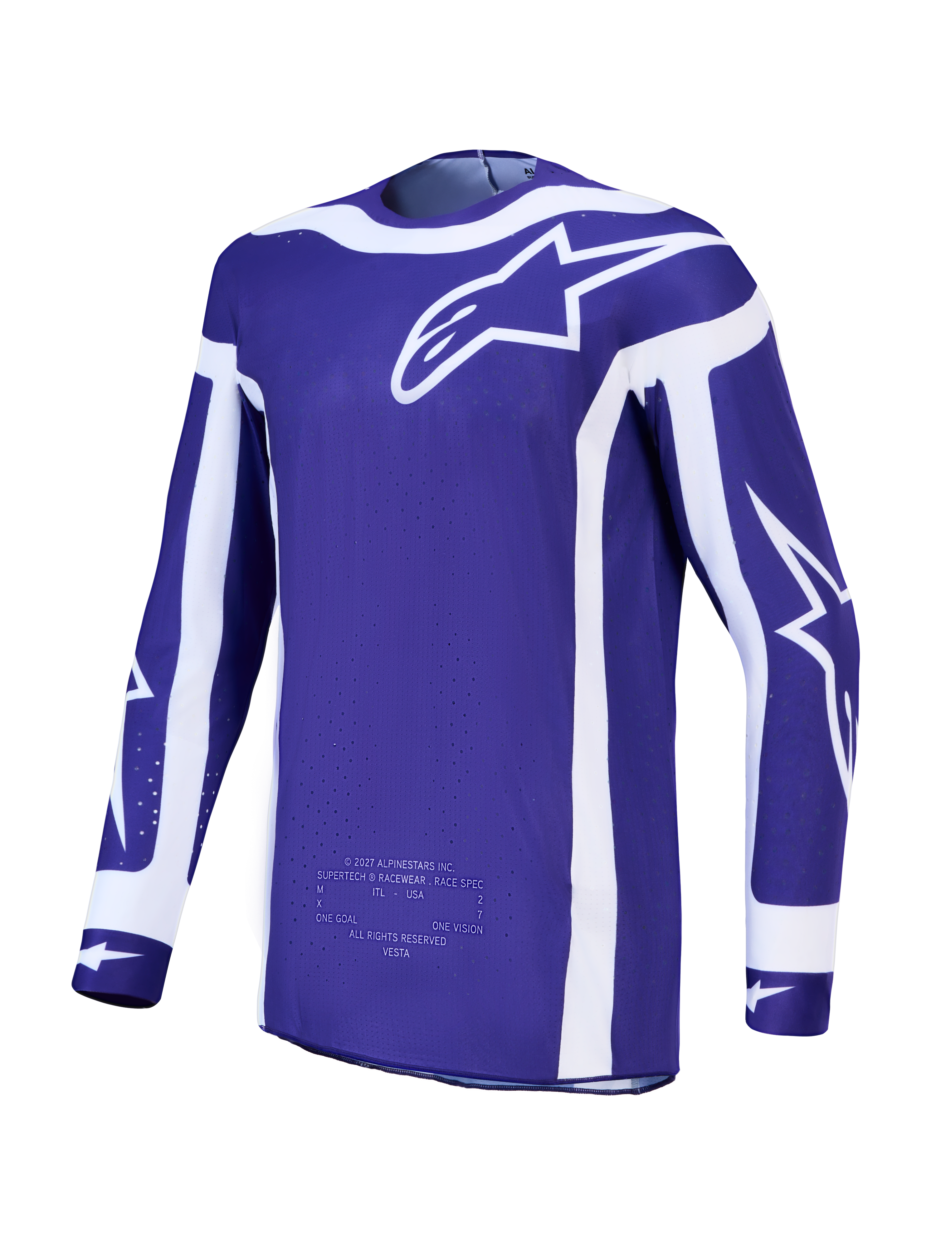 Alpinestars camisola Supertech Vesta para homem, azul e branca, em malha elástica leve para motocross de competição.