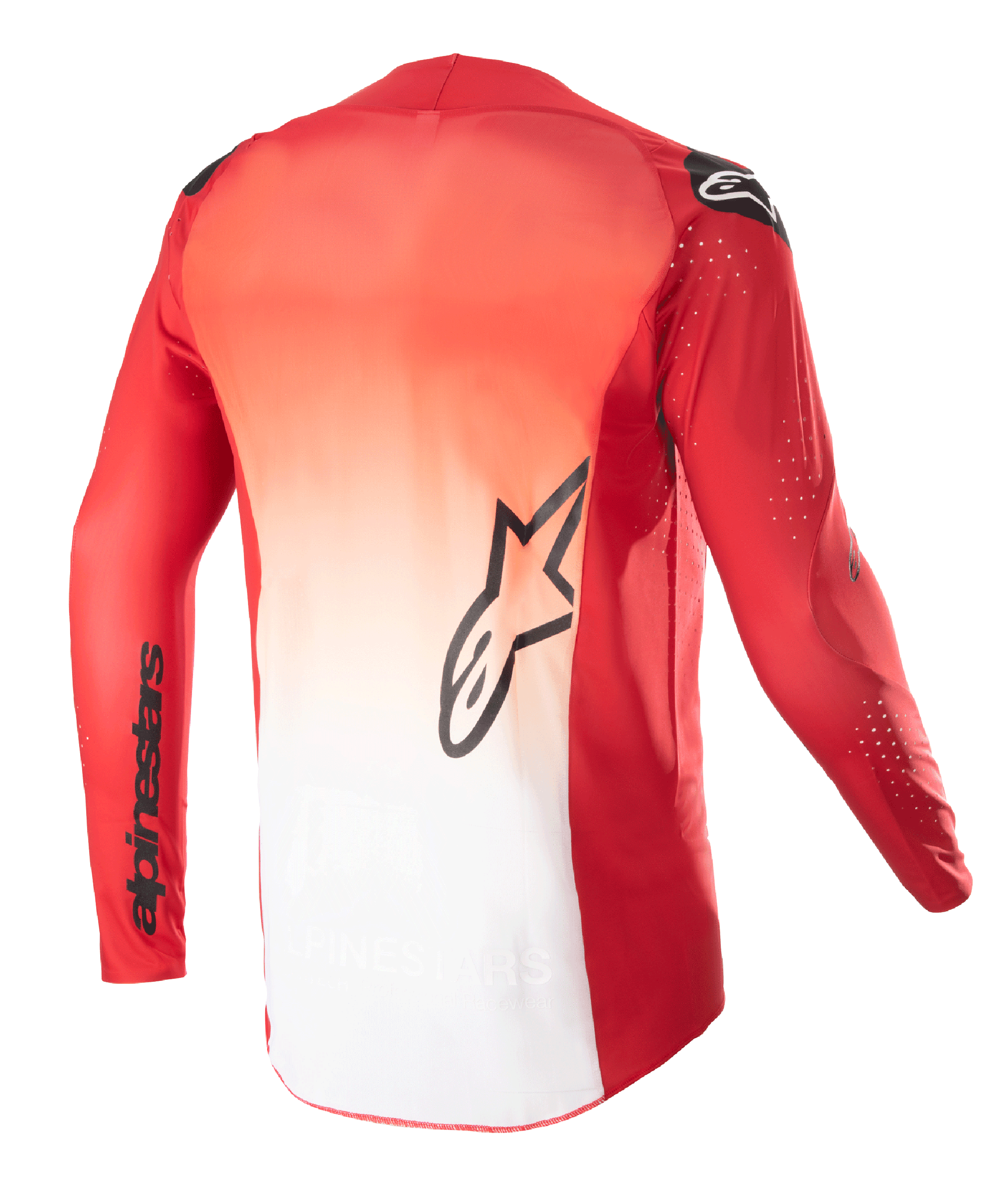 Alpinestars 2023 Supertech Risen Jersey, vista traseira, design com gradiente em Vermelho Mars e Branco, logótipo de estrela Alpinestars preto no centro das costas e nome da marca na manga, camisola de motocross de manga comprida com perfurações a laser para ventilação