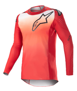 Alpinestars 2023 Supertech Risen Jersey, Long-Sleeve Motocross Jersey, Mars Red and White gradient, black Astars logo on chest, perforated sleeves with white ventilation dots, athletic race fit for off-road performance
