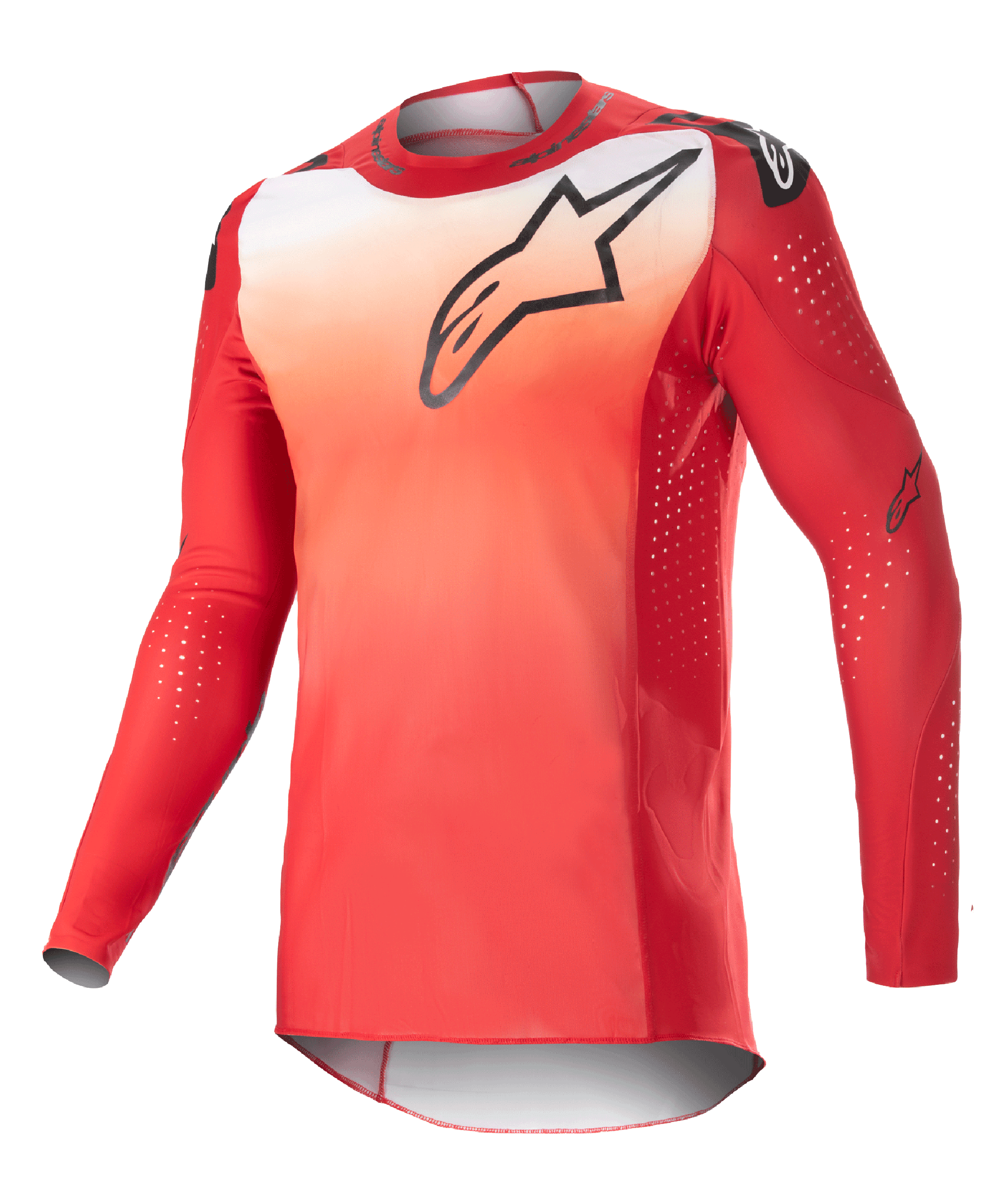 Alpinestars 2023 Supertech Risen Jersey, camisola de motocross de manga comprida, gradiente de vermelho Mars e branco, logótipo Astars preto no peito, mangas perfuradas com pontos de ventilação brancos, ajuste atlético de corrida para performance em todo-o-terreno