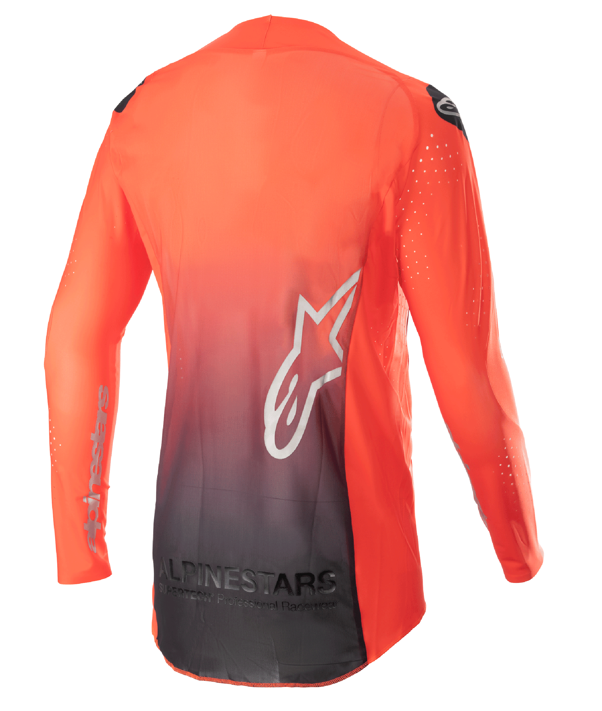 Alpinestars 2023 Supertech Risen Jersey, Motocross Jersey, Hot Orange and Black, back view featuring an orange to black gradient design, large white star logo on the back, and breathable mesh fabric for off-road performance.